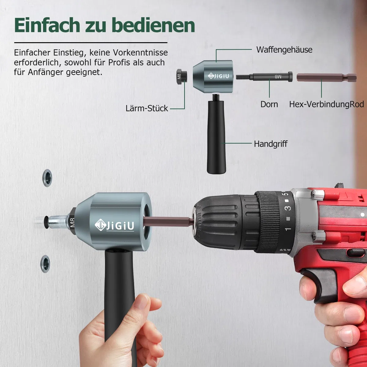 JiGiU Nietmuttern Adapter Kit für Elektrische Bohrmaschine Profi Nietmutternaufsatz mit 5 Art Dorne M3 M4 M5 M6 M8 & 40PCS Nietmutter in Robuste Koffer, Nietaufsatz für Bohrmaschine & Akkubohrer