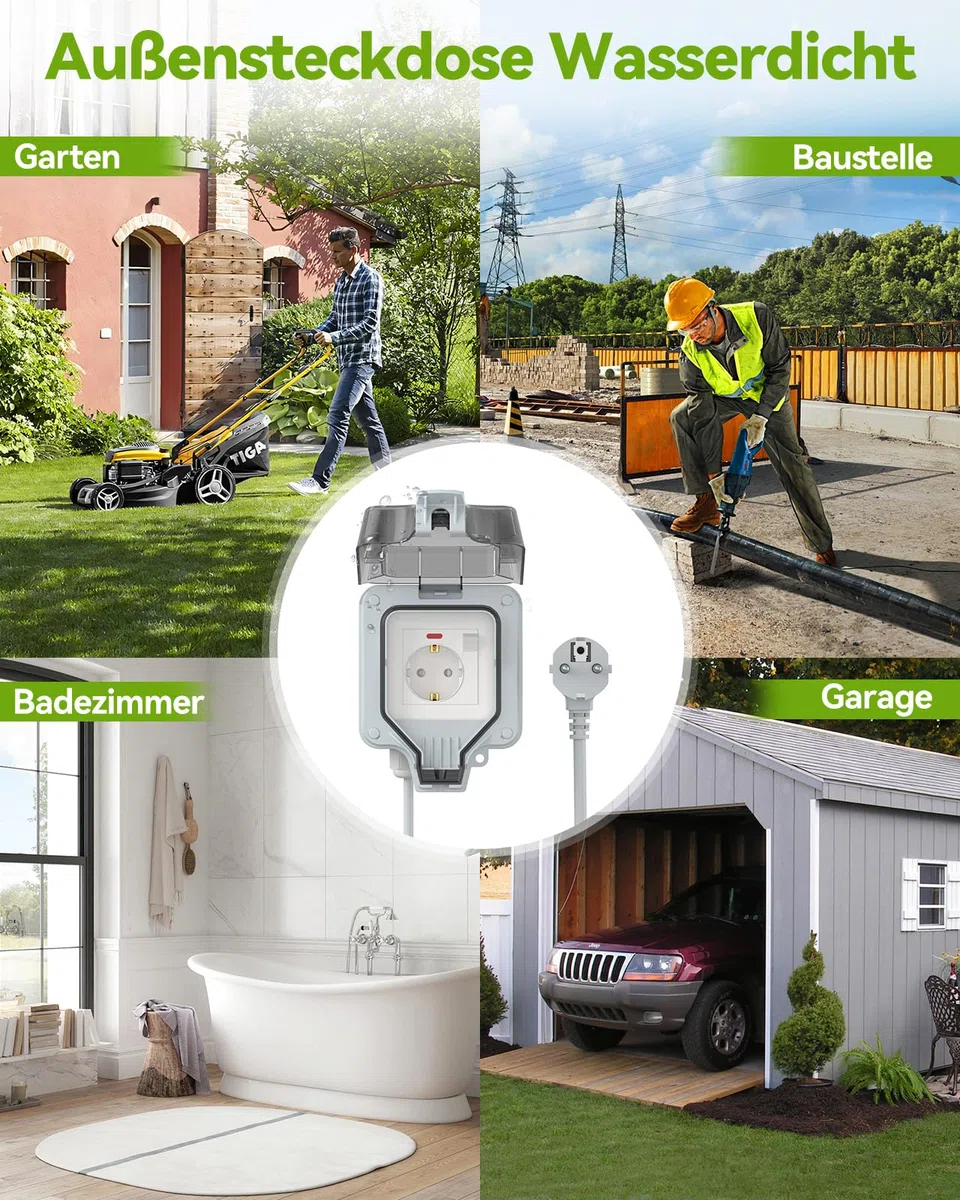 Außensteckdose Wasserdicht IP66 Outdoor Steckdose mit Verlängerungskabel 5M, Schalter mit Kontrollleuchte, Abschließbarer Klappdeckel, Aufputz-Wandmontage für Garten & Außenbereich, Grau, 16A