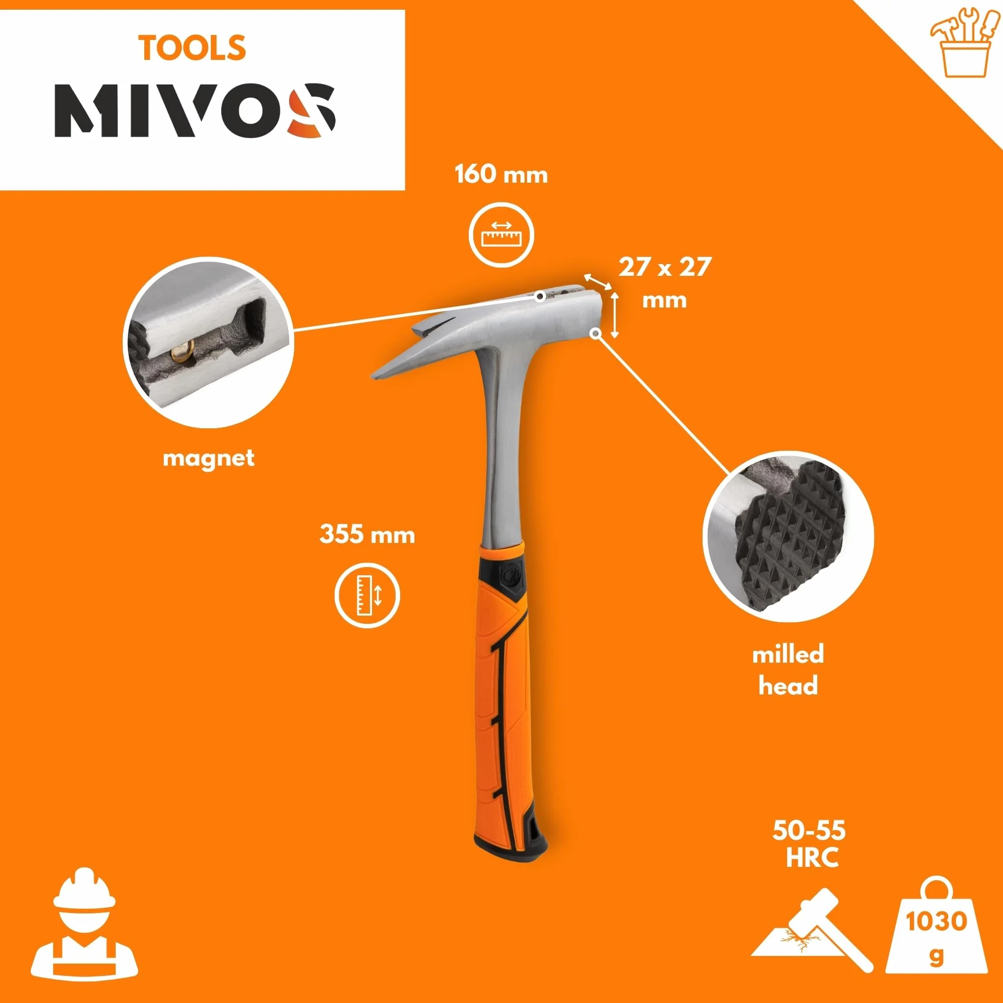 Mivos Latthammer 600 g Kopfgewicht - Ganzstahl Geschmiedet - Zimmererhammer mit Magnetischem Nagelhalter - Zimmermannshammer mit Anti-Vibration Griff - DIN 7239