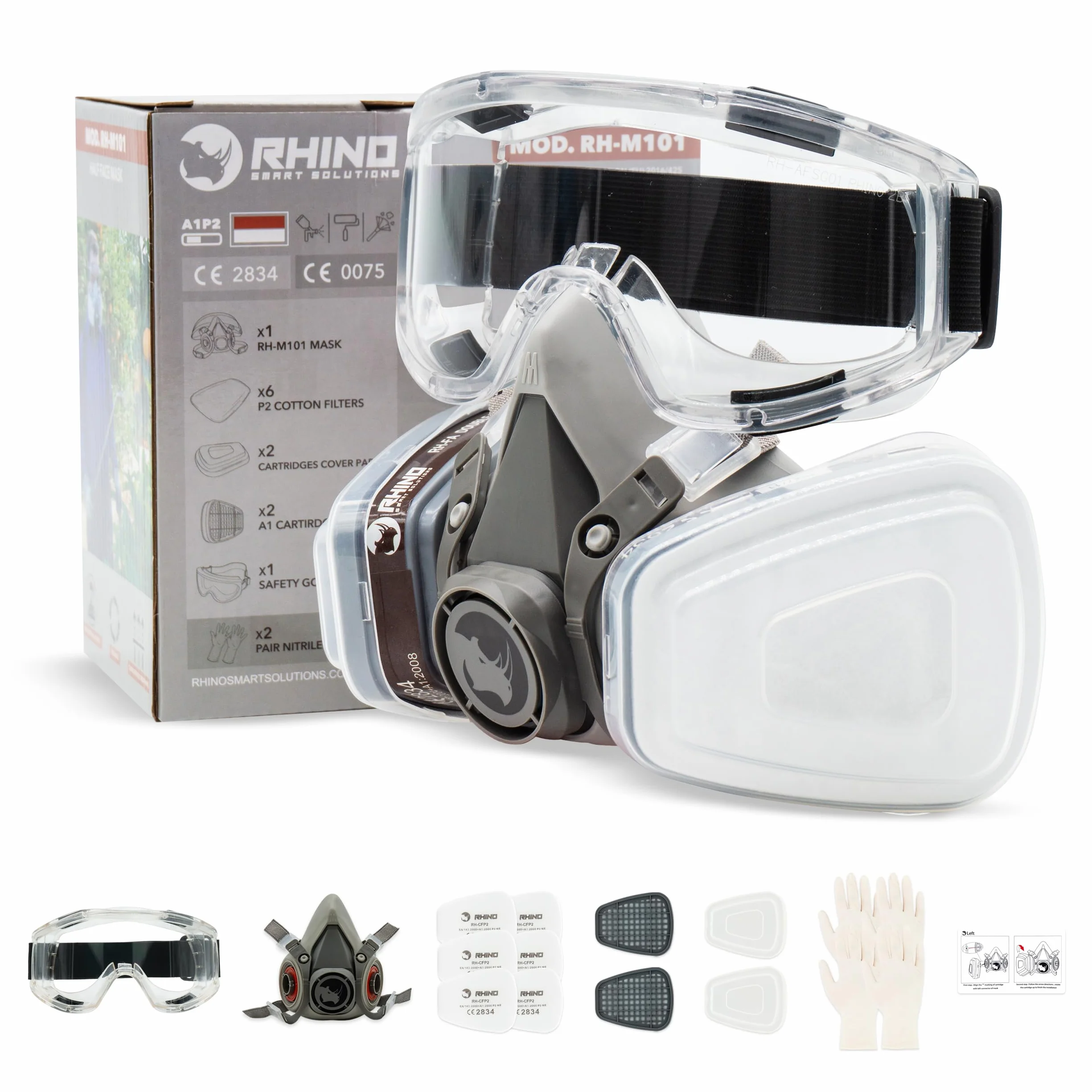 RHINO Smart Solutions Atemschutzmaske Gase Dämpfe | Gasmaske mit A1P2 Filter für Lackier, Feinstaub, Arbeitein, Schleifen | Staubmasken, Handschuhe, Schutzbrille, Patronen und Staubfilter