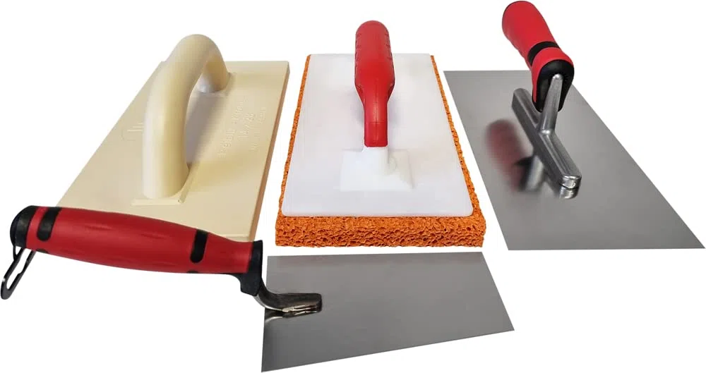 4-teiliges Set mit Putzer-Werkzeugen, Edelstahl-Glättekelle mit Softgriff, Schwammgummi-Reibebrett, Kunststoff-Reibebrett, Berner Putzkelle, Made in Germany