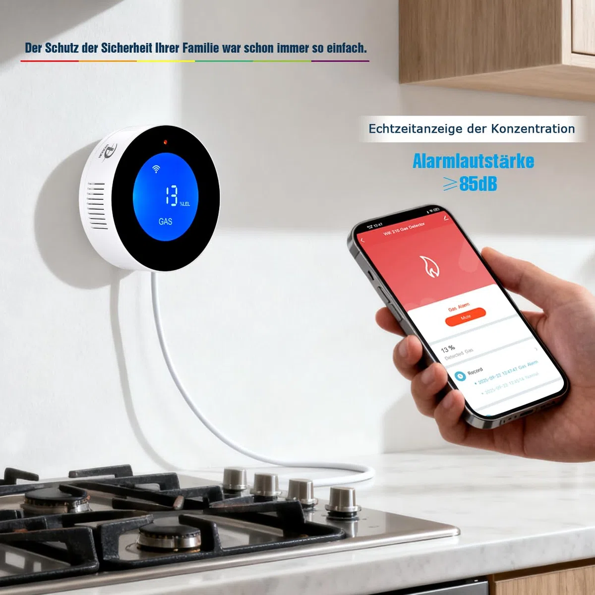 D MODUN WLAN -Gasmelder, tragbarer Gasleckalarm, kompatibel mit Smart-App, Tuya, Gasmonitor für Zuhause, Küche und Wohnmobil, Methangassensor mit 85-dB-Sprachalarm und visuellem Gaskonzentrationsalarm