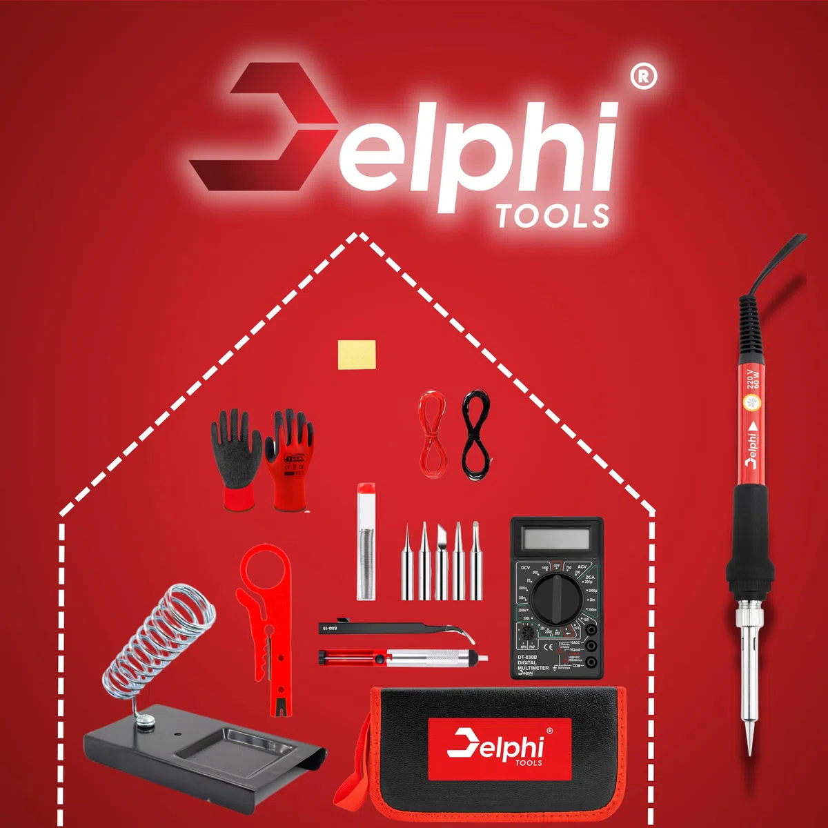 DELPHI Lötkolben Set 60W Lötstation 23 in 1 Lötset Mit Temperatur Einstellbar 200-450°C, 6x Lötspitzen Soldering Kit Mit Ein/aus Schalter, Lötkolbenständer Lötset Für Elektrische Arbeiten