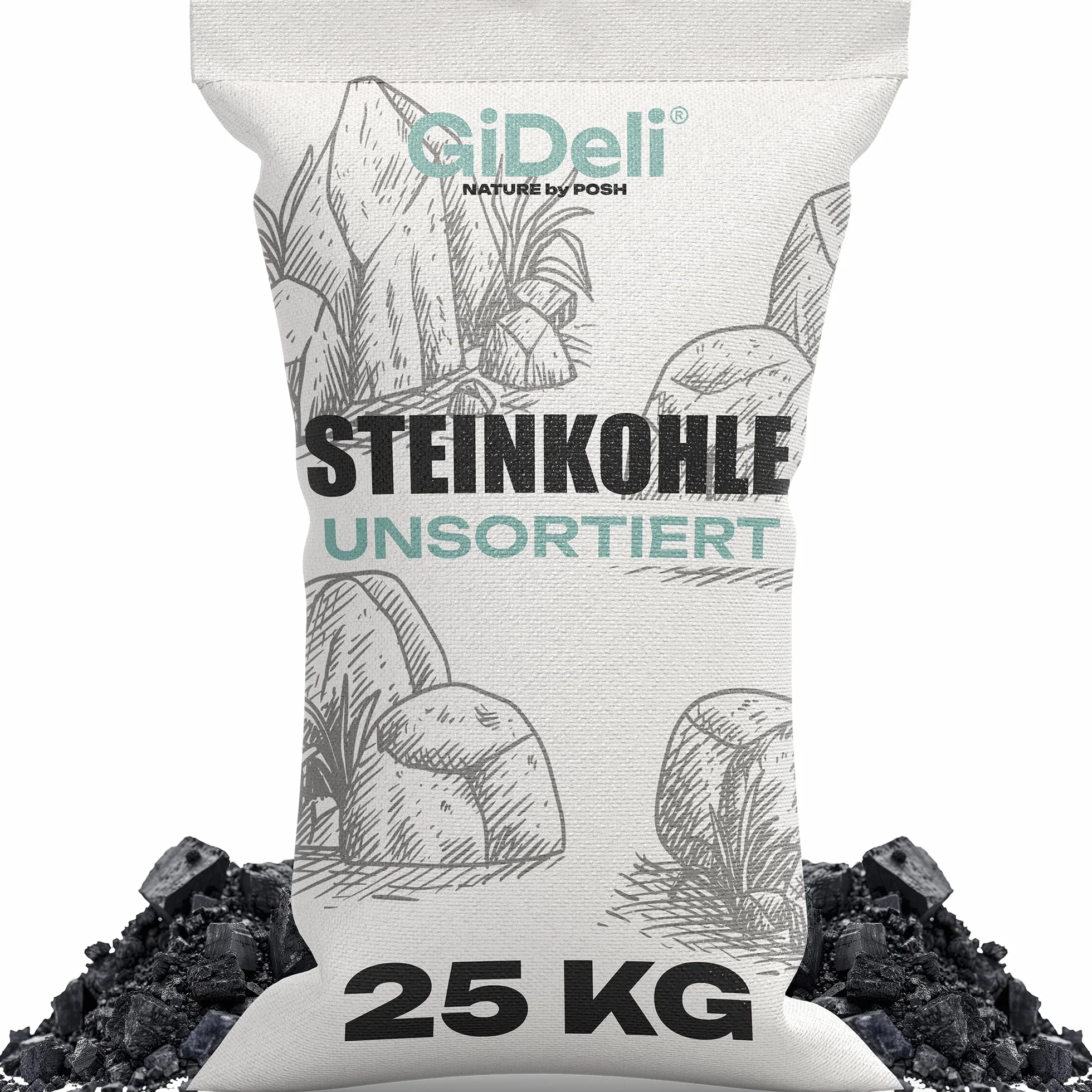 GiDeli Steinkohle 25kg - Kohle Fuer ofen und Kaminofen - Unsortierte Anthrazitkohle 5–50 mm – Hoher Heizwert 24–26 MJ/kg – Big Bag Heizkohle zum Heizen