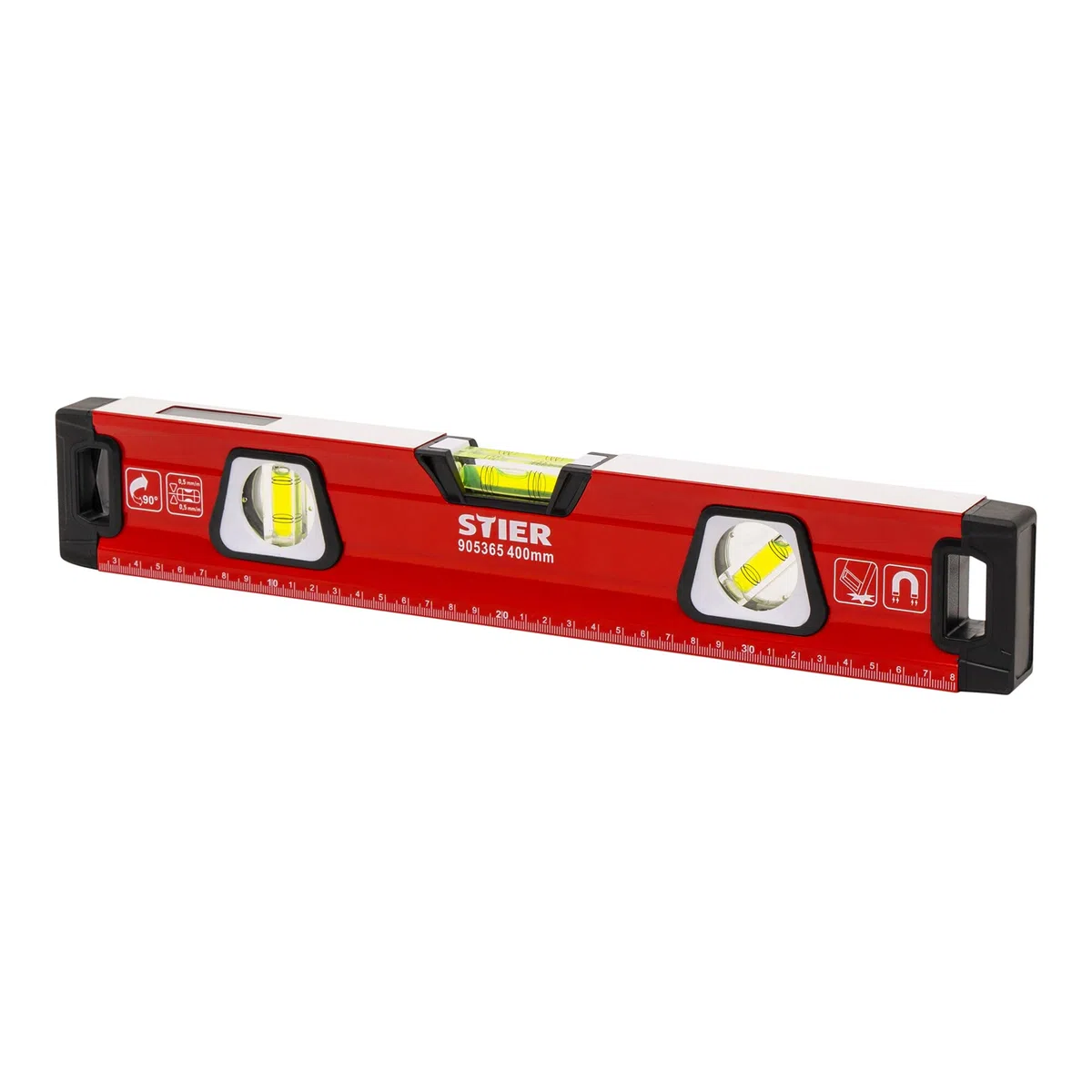 STIER Premium Wasserwaage, mit Magnet und drei Libellen, 400 mm, 0,5 mm/m, vertikal und horizontal messen, Spiegel-Lotlibelle, präzise Messung, Aluminiumlegierung, doppelt gefräste Oberfläche