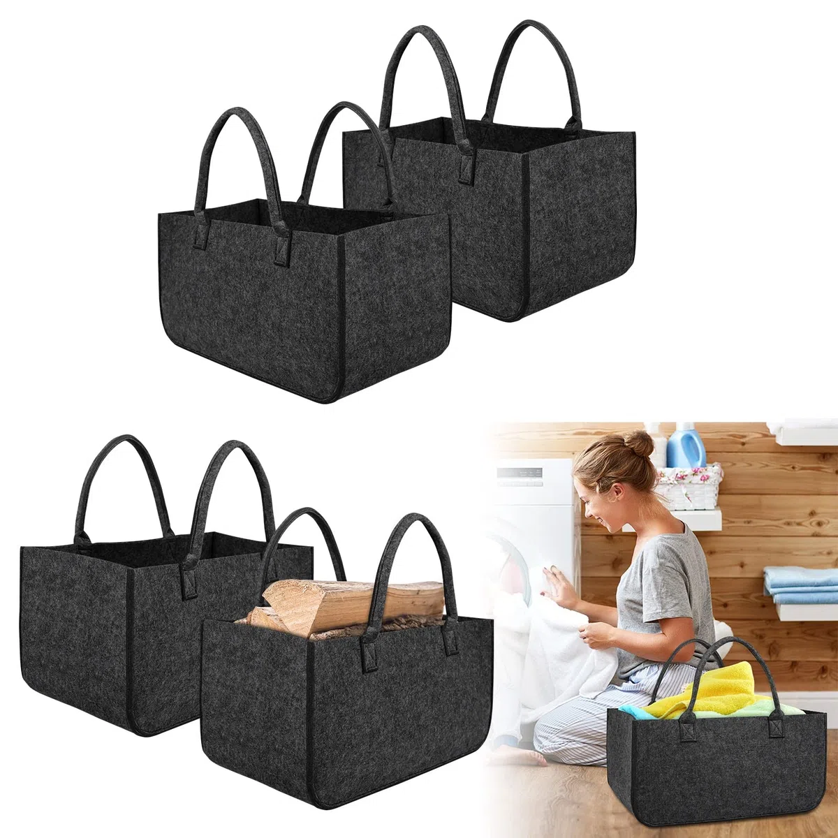 LZQ 4 Stück Groß Filztaschen Filztaschen Kaminholzkorb Filztasche Shopper Faltbar Filz kann als kaminholztasche, Einkaufstaschen, Büchertaschen (Dunkelgrau)