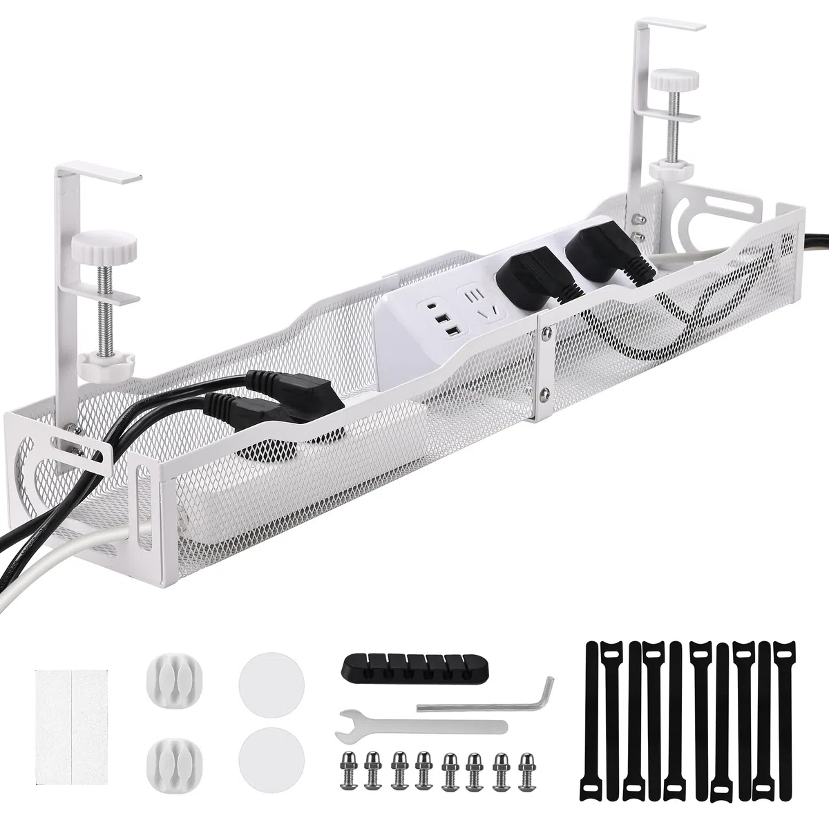 Kabelmanagement Schreibtisch, Metall Kabel Organizer Untertisch, Cable Tray ohne Bohren mit Klemme, für höhenverstellbaren Schreibtisch (Weiß - 64cm)