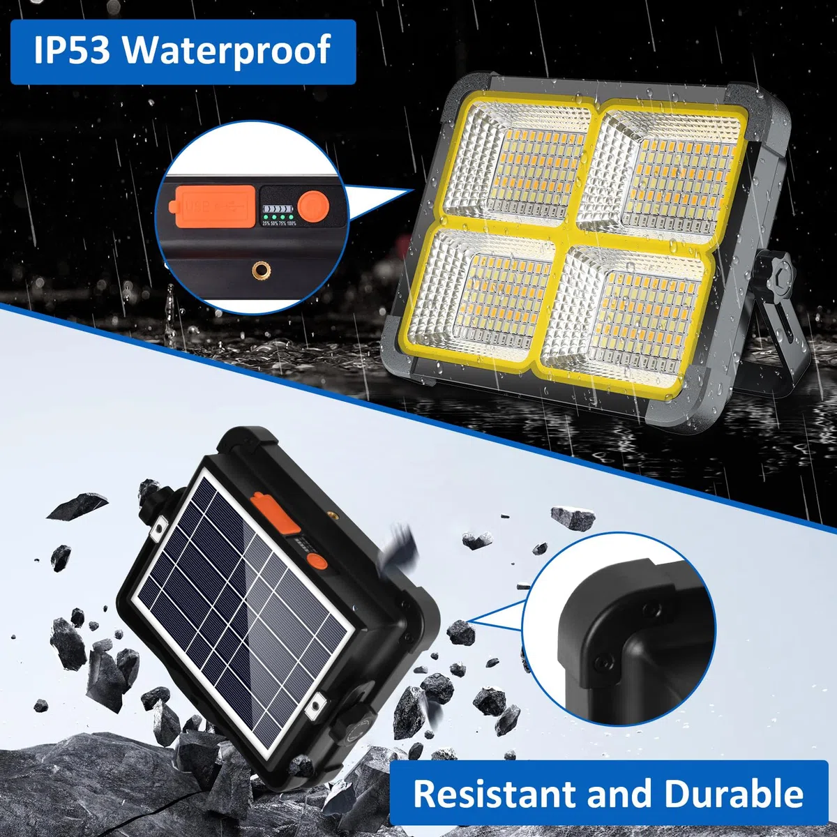 MASMEJOR Solar LED Baustrahler Akku 10000LM, 12000mAh, 4 Lichtmodi | 100W, 336LEDs, USB-Ausgangsfunktion, Stufenloses Dimmen, Tragbar für Camping, Baustelle, Garage, Angeln, Notfall