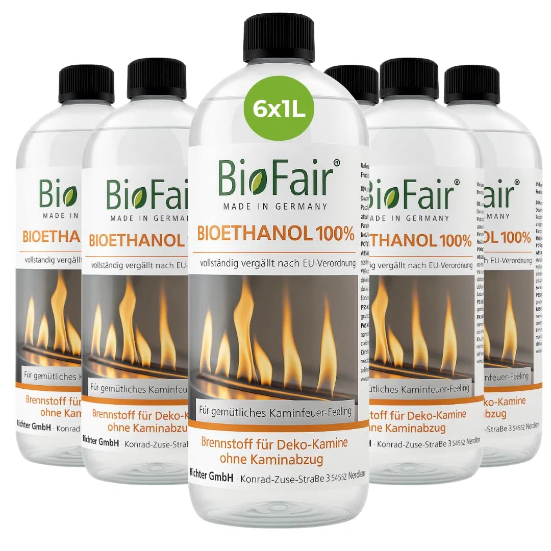 BioFair Bioethanol 100%, 6x1 Liter, Ethanolkamine, Gartenfackel, rußfrei | 100% reines Bioethanol ohne Zusatzstoffe, Made in Germany; für Innen & Außen, geruchs- & rußfrei, direkt einsatzbereit