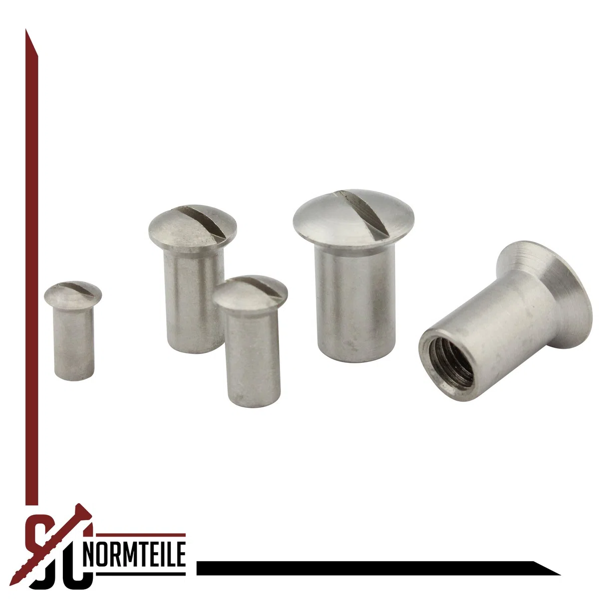 Hülsenmuttern mit Linsensenkkopf und Schlitz-Antrieb - M4x12 - (50 Stück) - aus rostfreiem Edelstahl A1 (VA) - NIRO - SC9061 - Linsenkopf | SC-Normteile®