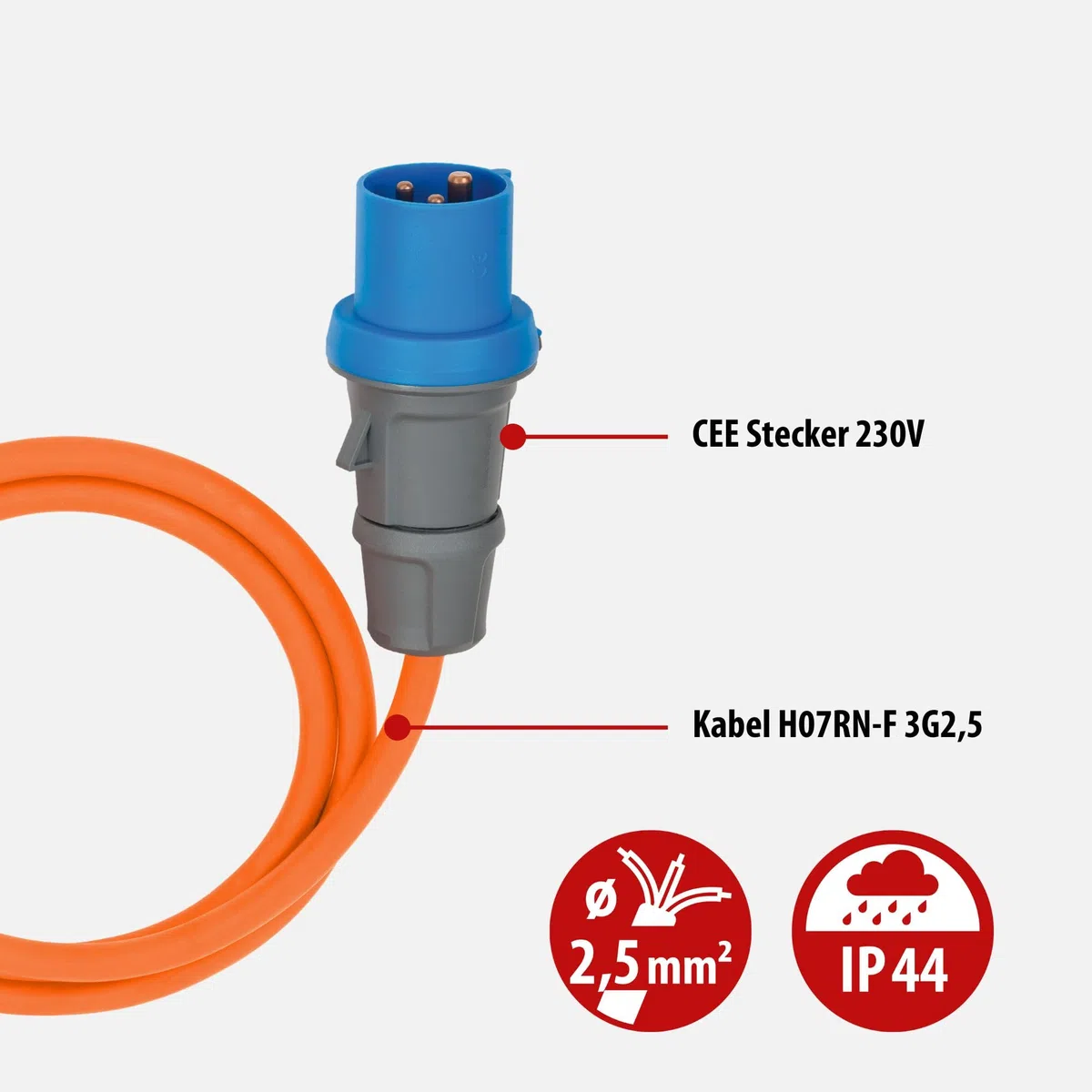 Brennenstuhl Camping CEE-Adapterleitung mit CEE-Stecker und Winkelkupplung inkl. Schutzkontakt-Kombisteckdose (1,5m Kabel in orange, 230V/16A, Einsatz im Außenbereich, Made in Germany)