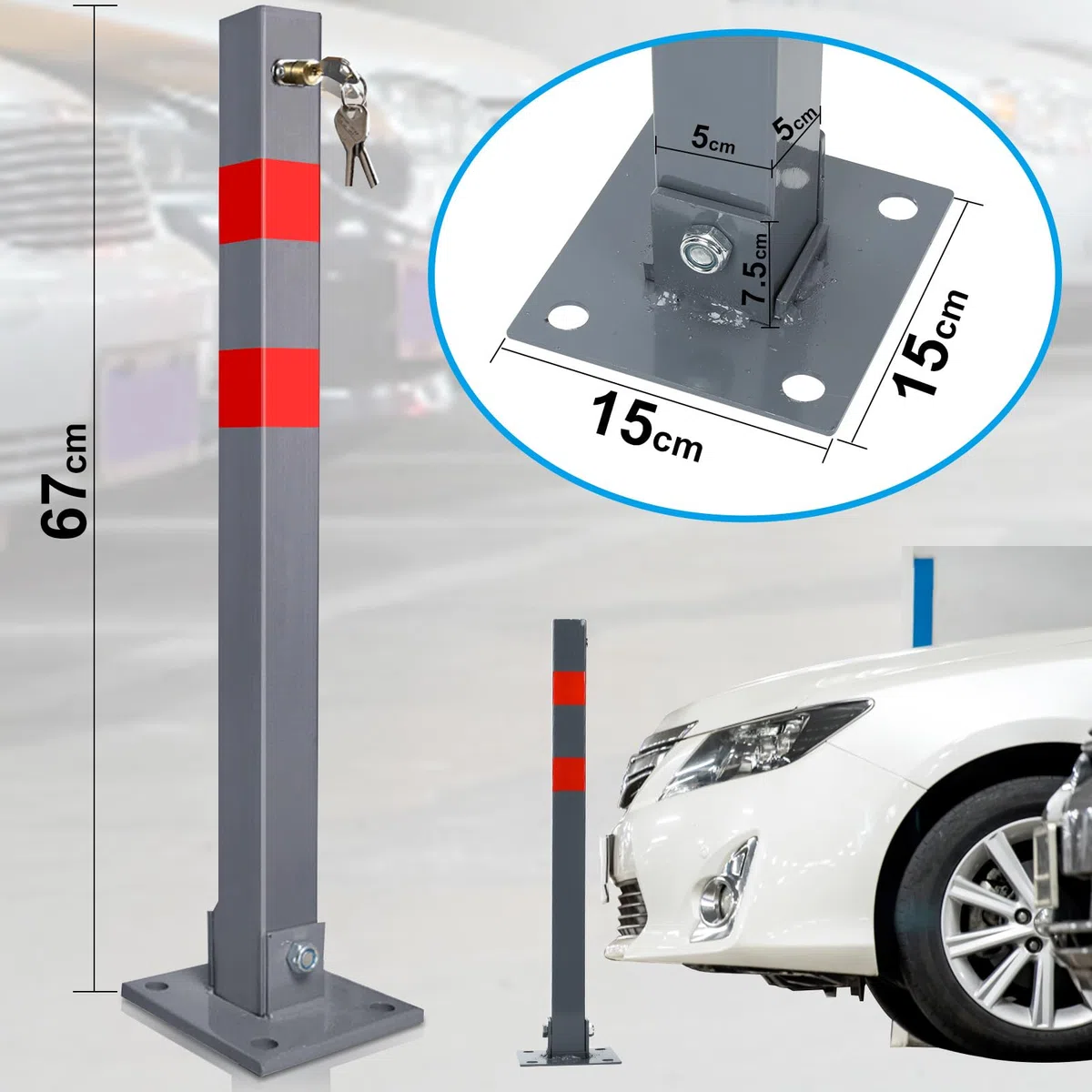 Parkplatzsperre, Parkplatzsperre klappbar, manueller Absperrpfosten Parkpfosten Poller mit 3 Schlüsseln und 4 Dehnschrauben, Stahl Sperrpfosten mit Reflexstreifen