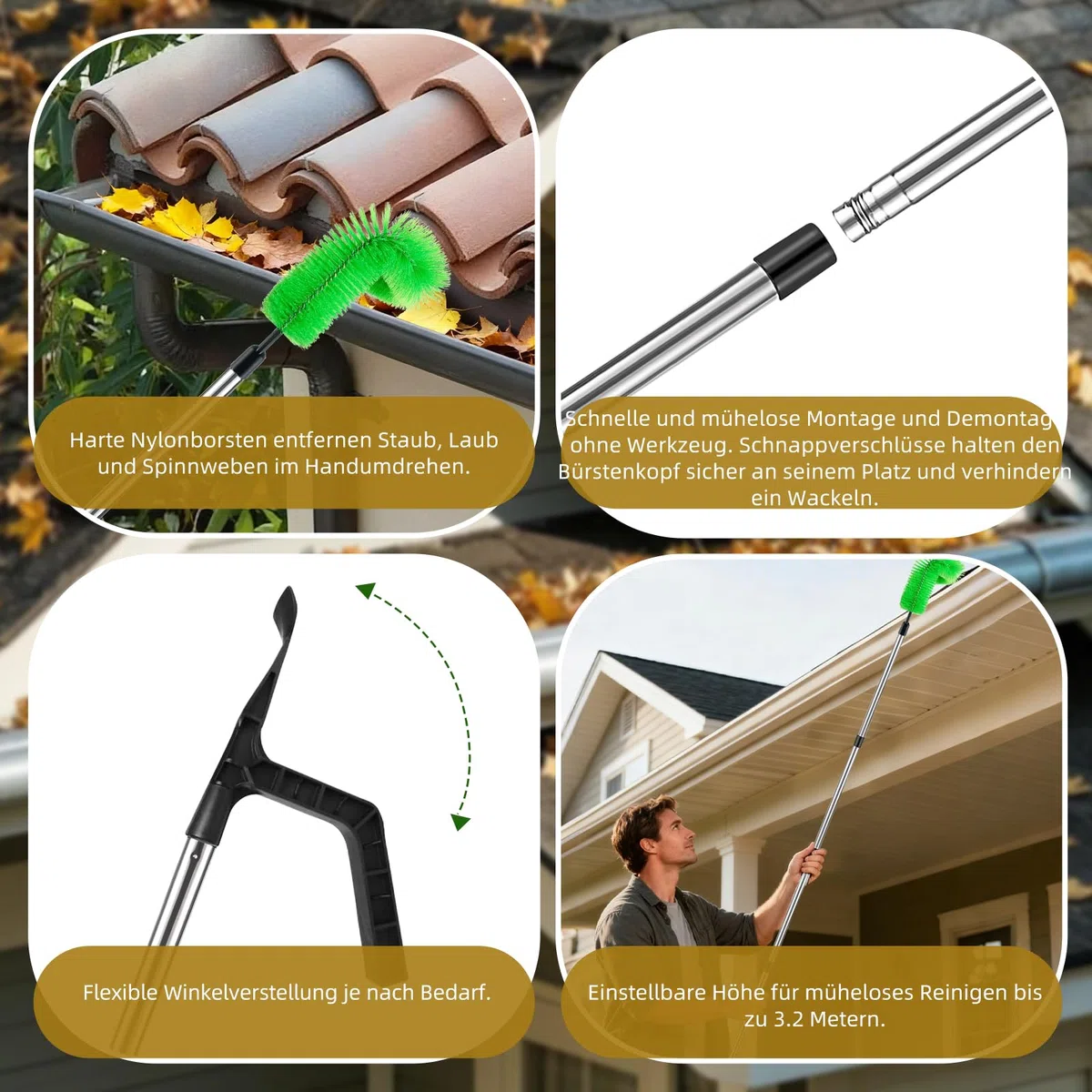 350cm Dachrinnenreiniger Dachrinnenbürste, Aartner Dachrinnenreiniger mit Teleskopstiel DachrinnenReinigungsbüRste Von BläTtern, Schmutz, Fenstern, Dachrinnen (Brush + 9 Rods + Scoop)