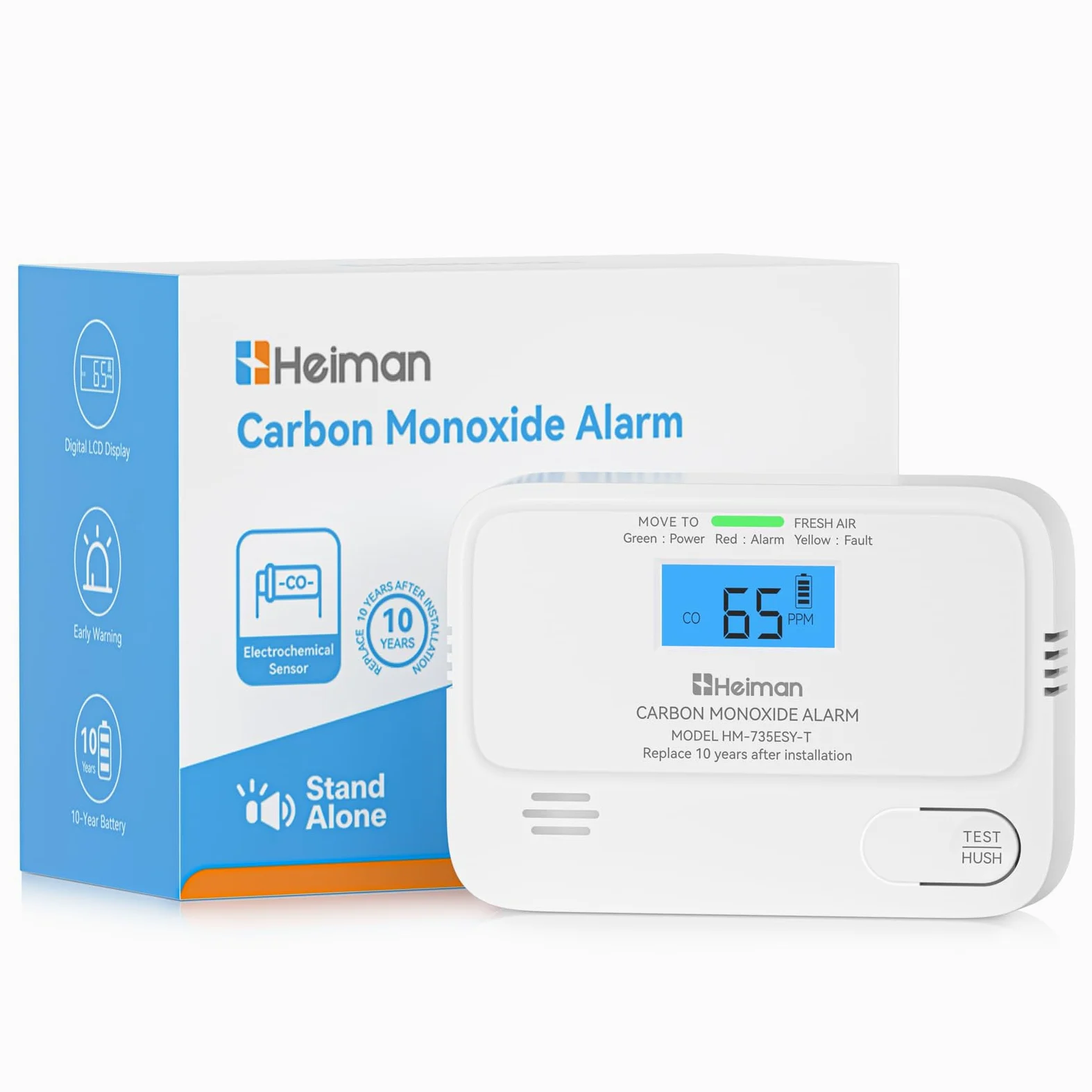 Heiman Kohlenmonoxid Melder, 10 Jahre Batterielebensdauer, CO Melder für zu Hause mit digitalem LCD-Display, CO-Alarm BSI-geprüft, EN 50291 Standard