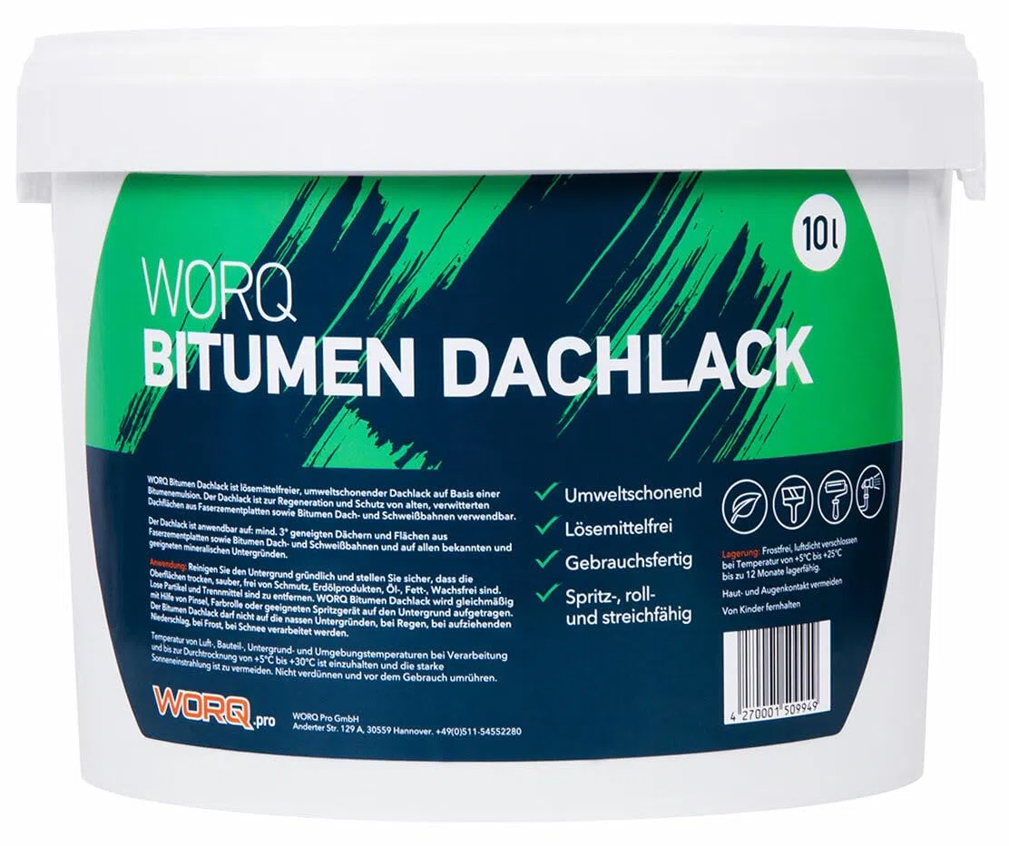 WORQ 10L Bitumen Dachlack, Isolieranstrich, Dachbeschichtung, Dachlack, Schutzlack. Regeneriere-Schützen-Flachdachbeschichtung- Dachreparatur