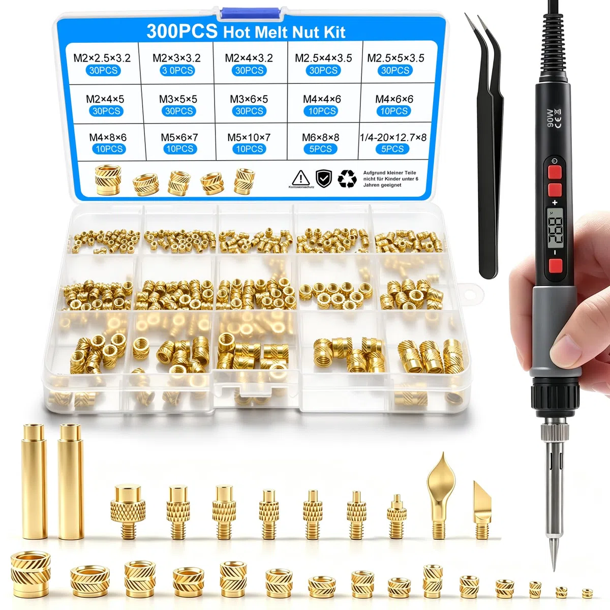 300 Stk Gewindeeinsätze Lötspitzen Set, LCD Einstellbarer Temperatur Lötkolben mit 7 stk Lötspitzen & 2 Adapter & 2 Brennstift & Pinzette, 300 Stk M2 M2.5 M3 M4 M5 M6 M8 3d Druck Gewindeeinsätze