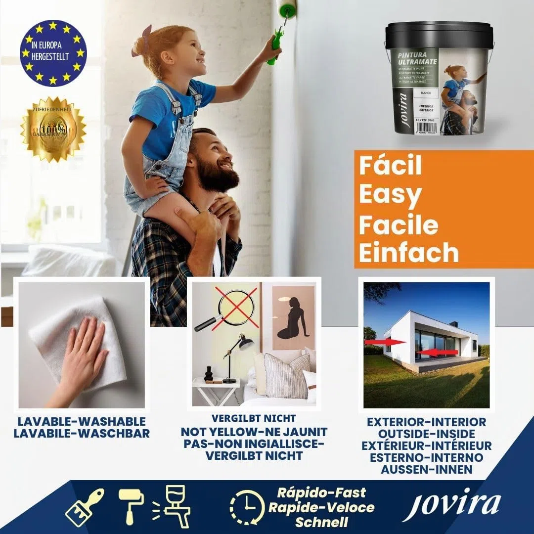 JOVIRA PINTURAS Ultramatte Wandfarbe. Für außen/innen, abwaschbar, superdeckend, weiß. (4 Liter, Weiß)