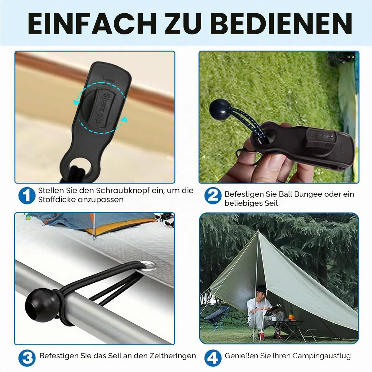 30 Stück Tarp Clips Set, Zeltplane Clips Planenbefestigung, 10 Planenclips+10 Zelt Bungees Schnüre + 10 Karabiner Clips, Heavy Duty Tarp Clips für Zelte, Picknick, Camping Im Freien