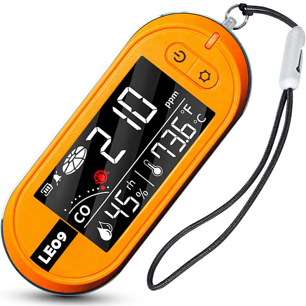 LSENLTY Tragbare CO-Detektoren unterstützen 500 Stunden Standby-Zeit, 3-in-1-CO-Detektor (Temperatur, Luftfeuchtigkeit und CO), Alarmfunktion und Lanyard-Design für Camping, Reisen, Autos, Orange