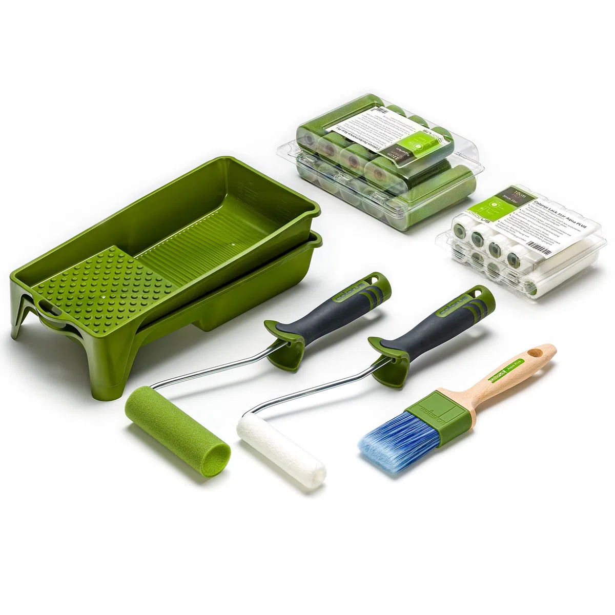 Colorus Lackierwalzen Set 25-tlg - Filt Rolle 10  cm + Schaumwalze 11 cm konkav + Pinsel 40 mm, Farbrollerbügel & Farbwannen 15x32 cm - Lack Set für wasserbasierte & lösemittelhaltige Lacke