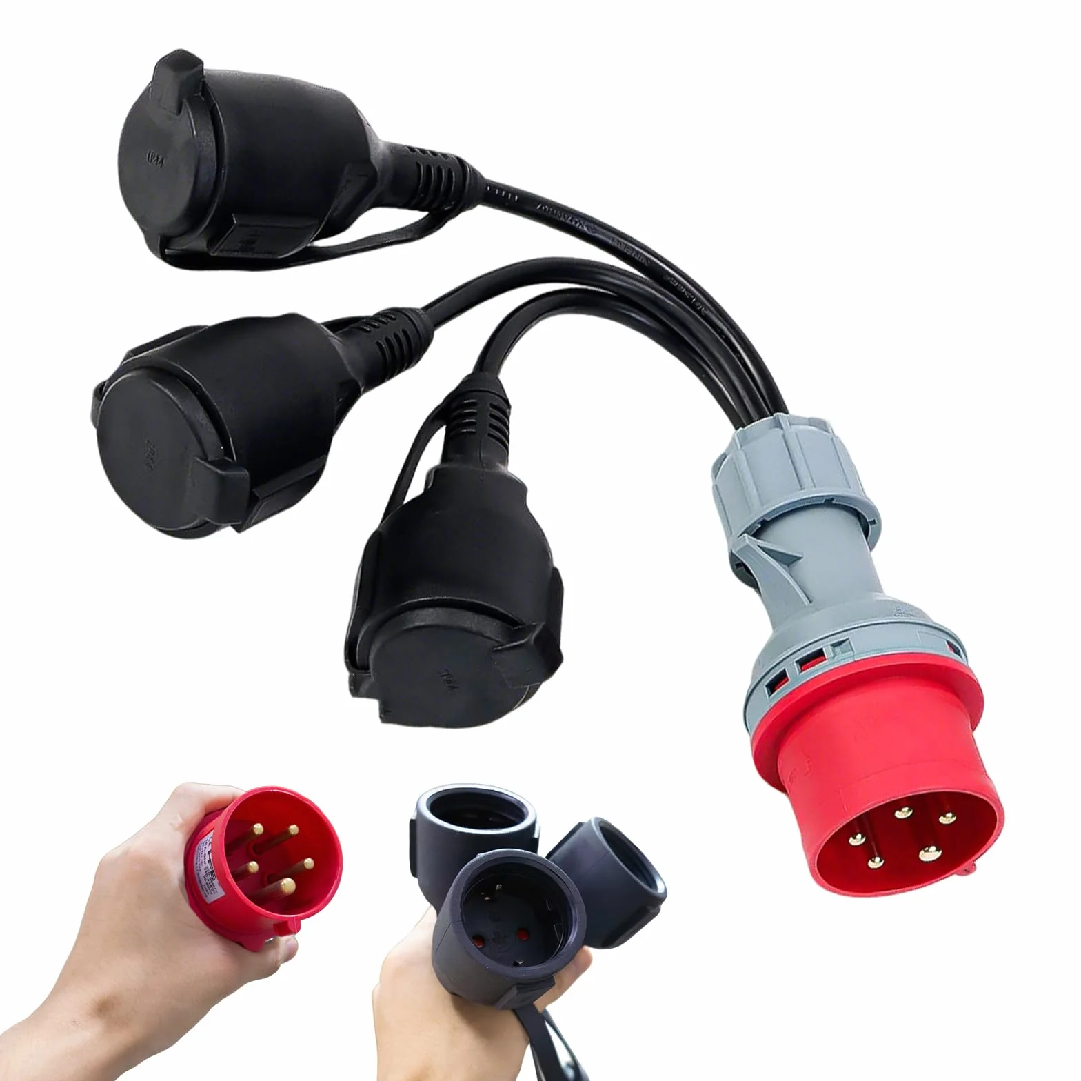CEE Adapter Starkstrom Verteiler 400V 16A Stecker auf 3X 230 V Kupplung Verlängerungskabel, Camping CEE-Adapterleitung mit Klappdeckel & Schutzkontaktsteck, für Caravan, Industrie, Außenbereich