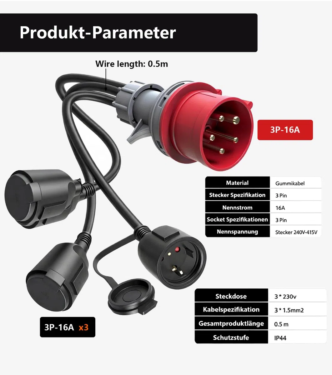 CEE Adapter Starkstrom Verteiler 16A 400V auf 230VX3X1.5mm²,cee stromverteiler 16a,Starkstrom adapter 400V auf 230v mit Klappdeckel & Schutzkontaktsteck IP44 für Industrie Caravan Außenber