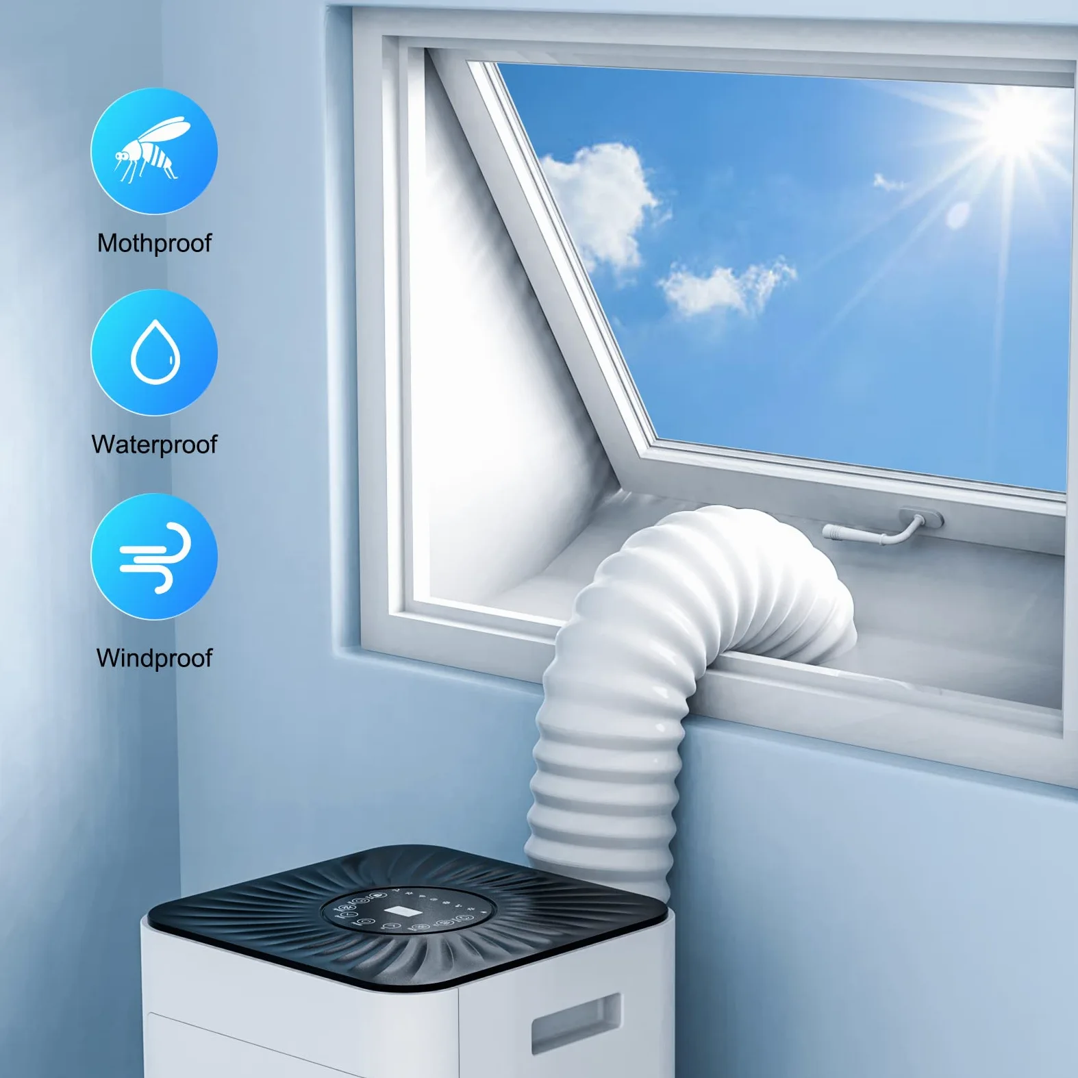 Klimaanlage Fensterabdichtung, Fensterabdichtung für Mobile Klimageräte, Anti-Mücken, Wasserdicht, Windabweisend, Hot Air Stop, Geeignet für Flügelfenster, Kein Bohren, 300cm, Weiß