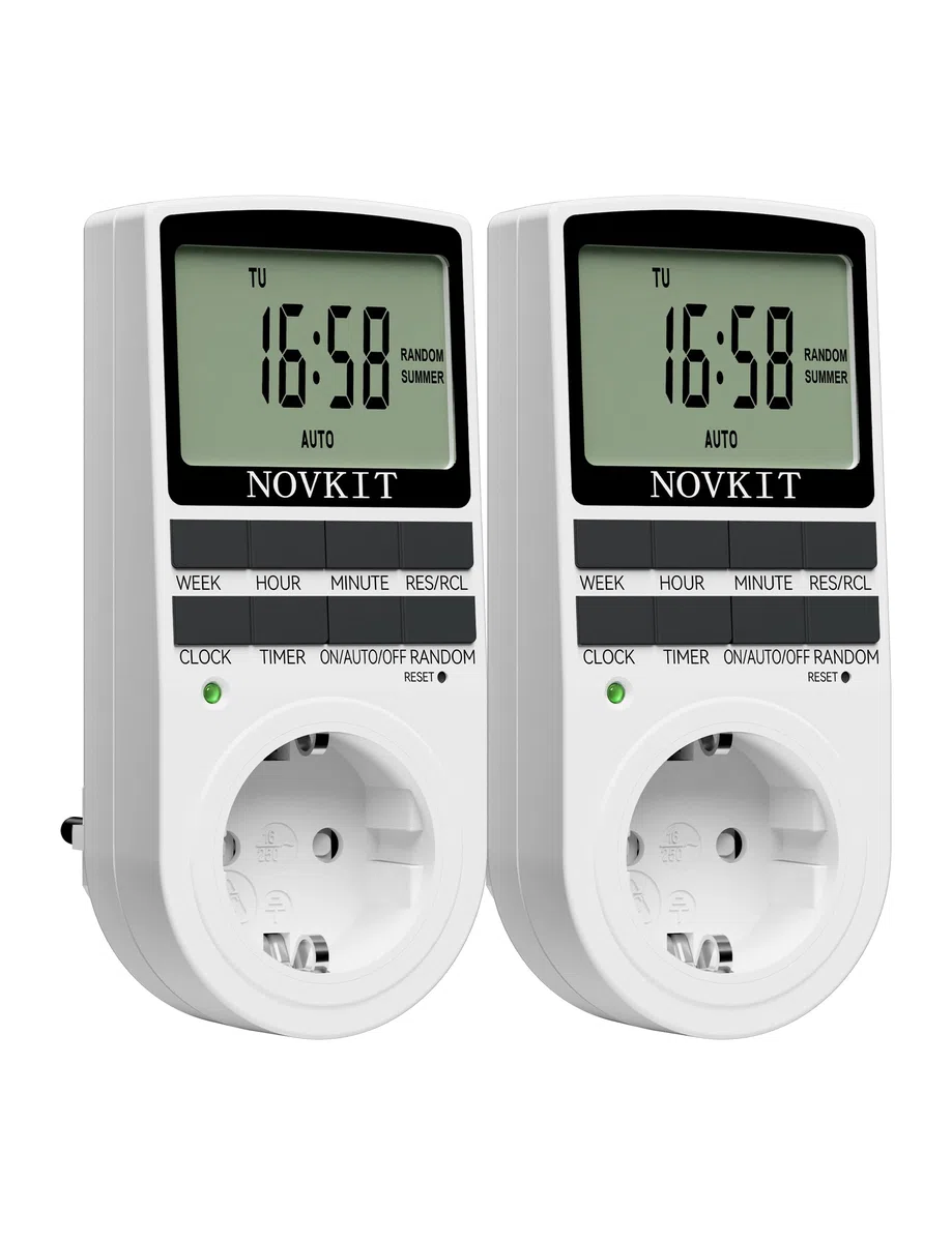 2x NOVKIT digitale Zeitschaltuhr Steckdose mit 10 konfigurierbaren wöchentlichen Programme und einbruchsicheren Zufallsfunktion für Innen (230V / 16A / 3680W)