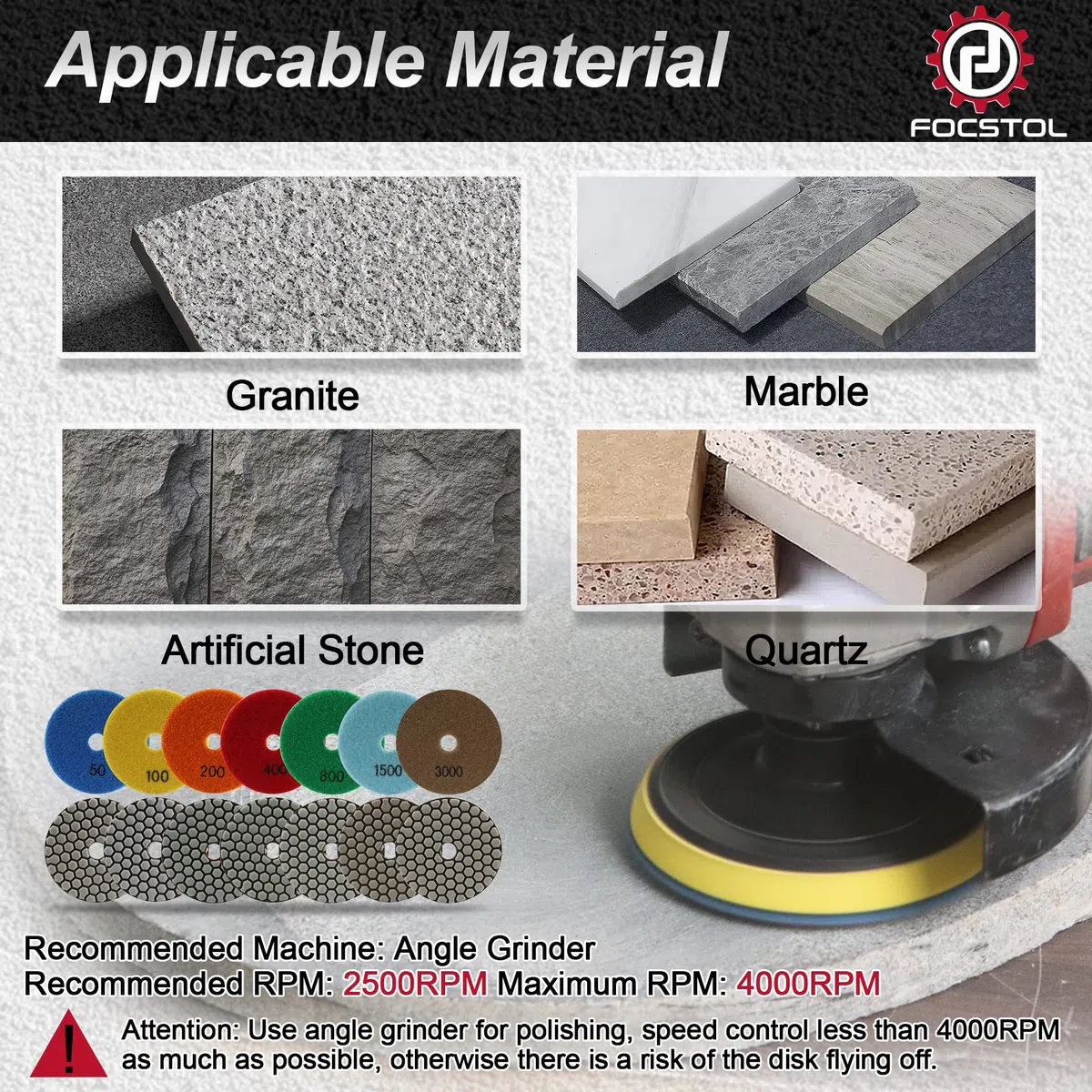 FOCSTOL Diamant Trocken Polierscheiben - 8 Stück 100mm (#50x3+#100x3+#200x2) Diamant Schleifpad M14 Unterlage für Granit Marmor Kunststein Quarz für Winkelschleifer