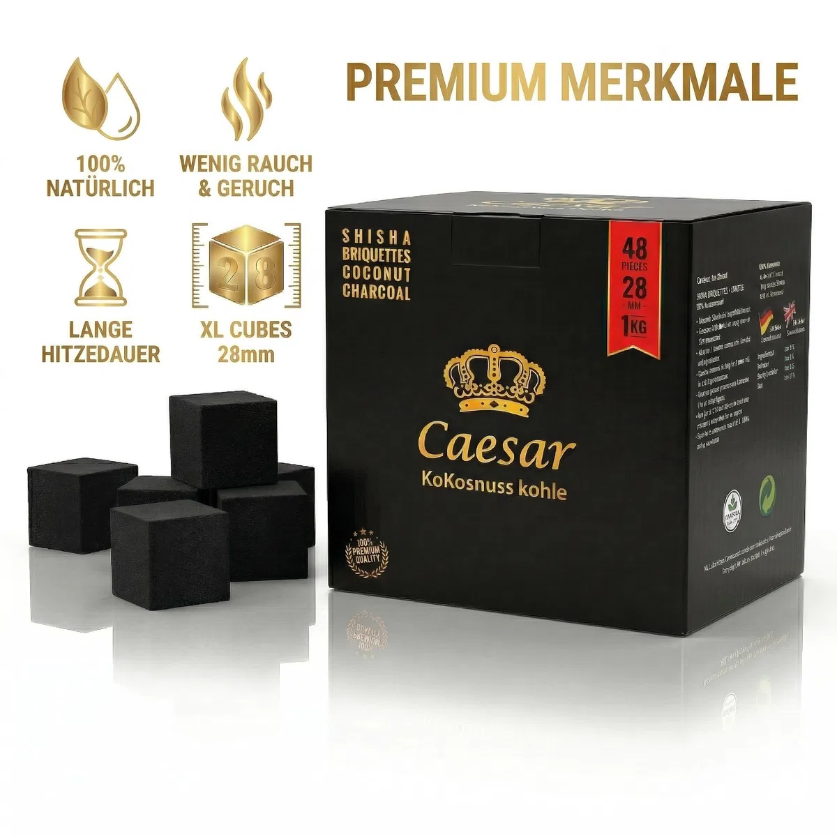 Caesar Premium Naturkohle 28mm Würfel – 100% Natürliche Kokosnuss Kohle-Briketts für Grill & BBQ (4kg)