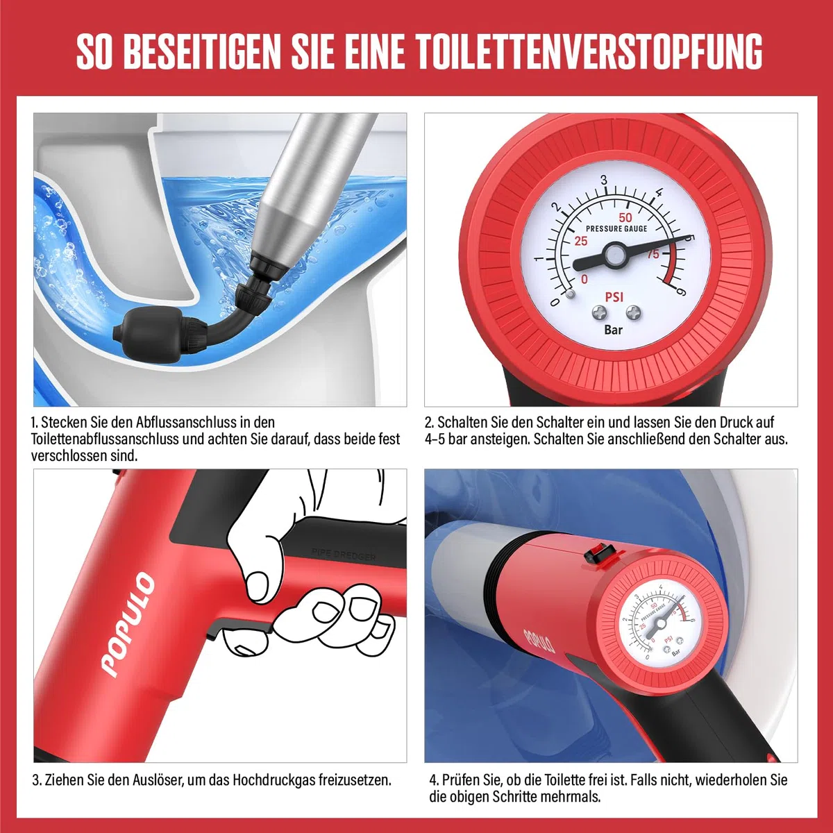 POPULO Elektrischer Abflussreiniger Pömpel WC-Saugglocke, Pömpel Abfluss Schneller Hochdruck Abflussreiniger, Strapazierfähig Vielseitiger Toilette Pömpel für Dusche, Toilette