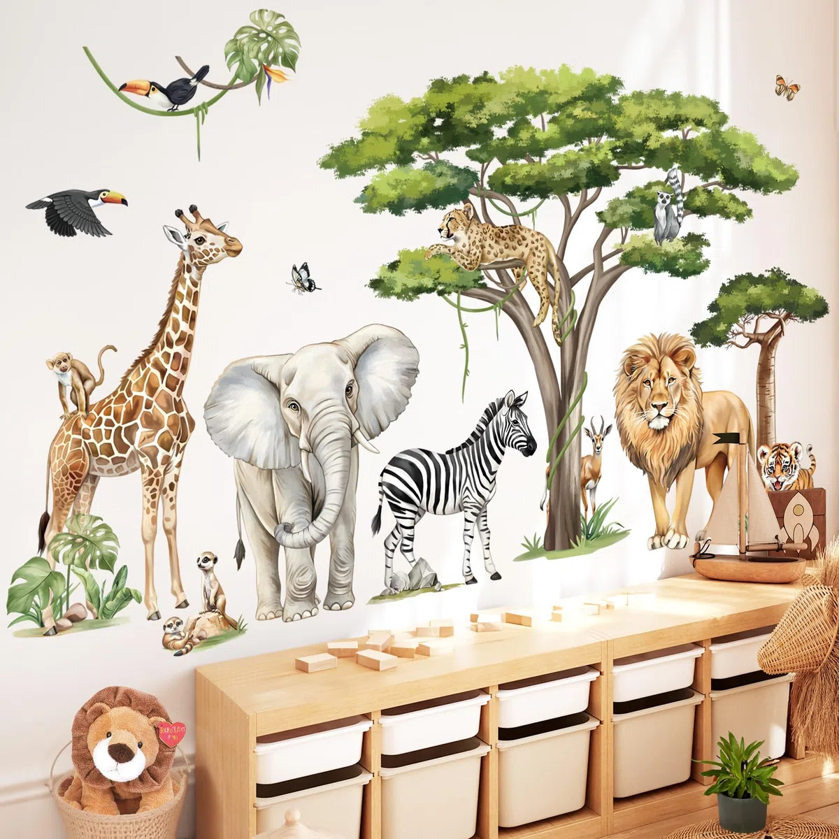 decalmile Wandsticker Safari Tiere Baum XXL Wandtattoo Dschungel Tiere Elefant Löwe Giraffe Leopard Wandaufkleber Kinderzimmer Babyzimmer Schlafzimmer Wanddeko