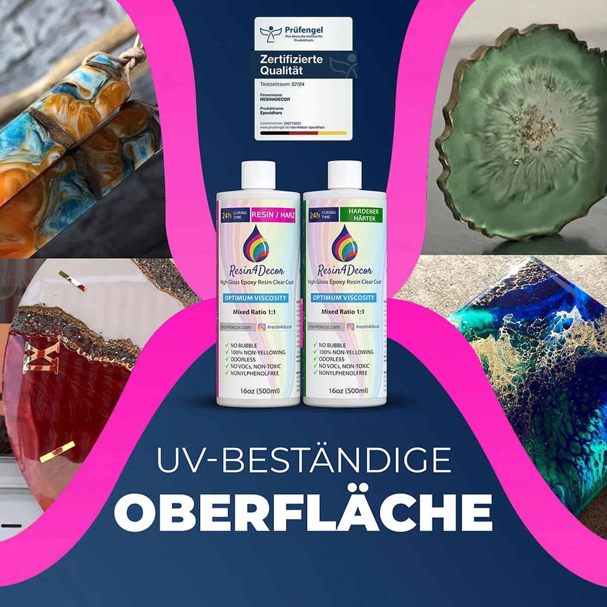 RESIN4DECOR 1000ml Epoxidharz Set [Kristallklarer 1:1 Gießharz-Klebstoff] – Für Kunsthandwerk, Schmuck & Formenbau (Geruchlos, Vergilbungsfrei, Ungiftig) – Resin Laminierharz mit 24h Aushärtungszeit