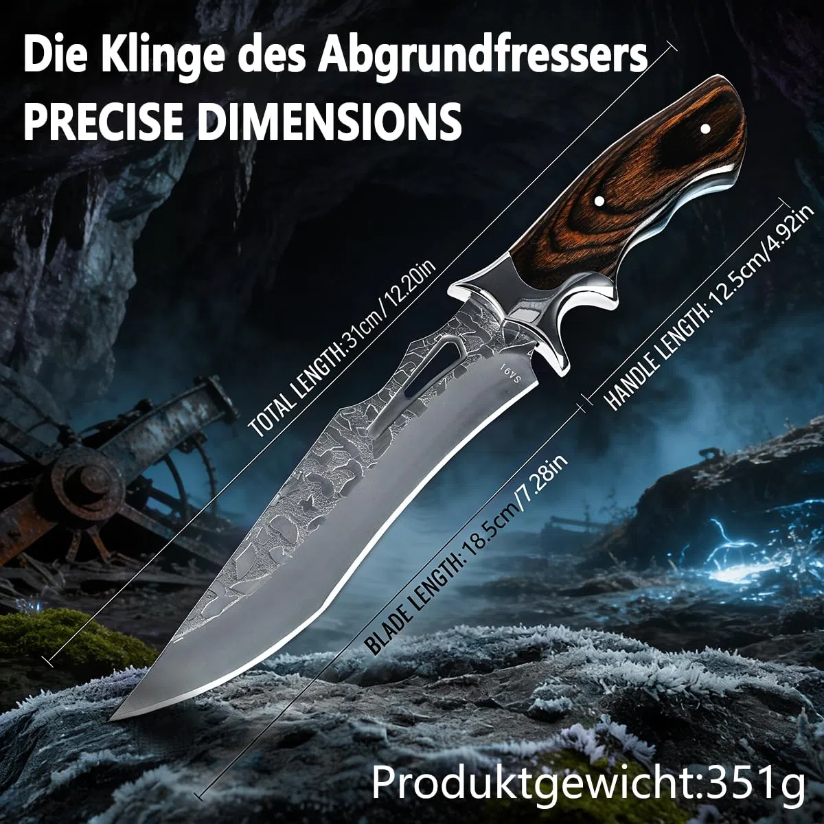 Outdoormesser 31cm – Komposit-Klinge mit geradem Rücken, falscher Schneide und leichter S-Form, Edelstahl-Handschutz, Schwarznussbaum-Griff mit Fingerkerben, Robuster Naturbegleiter