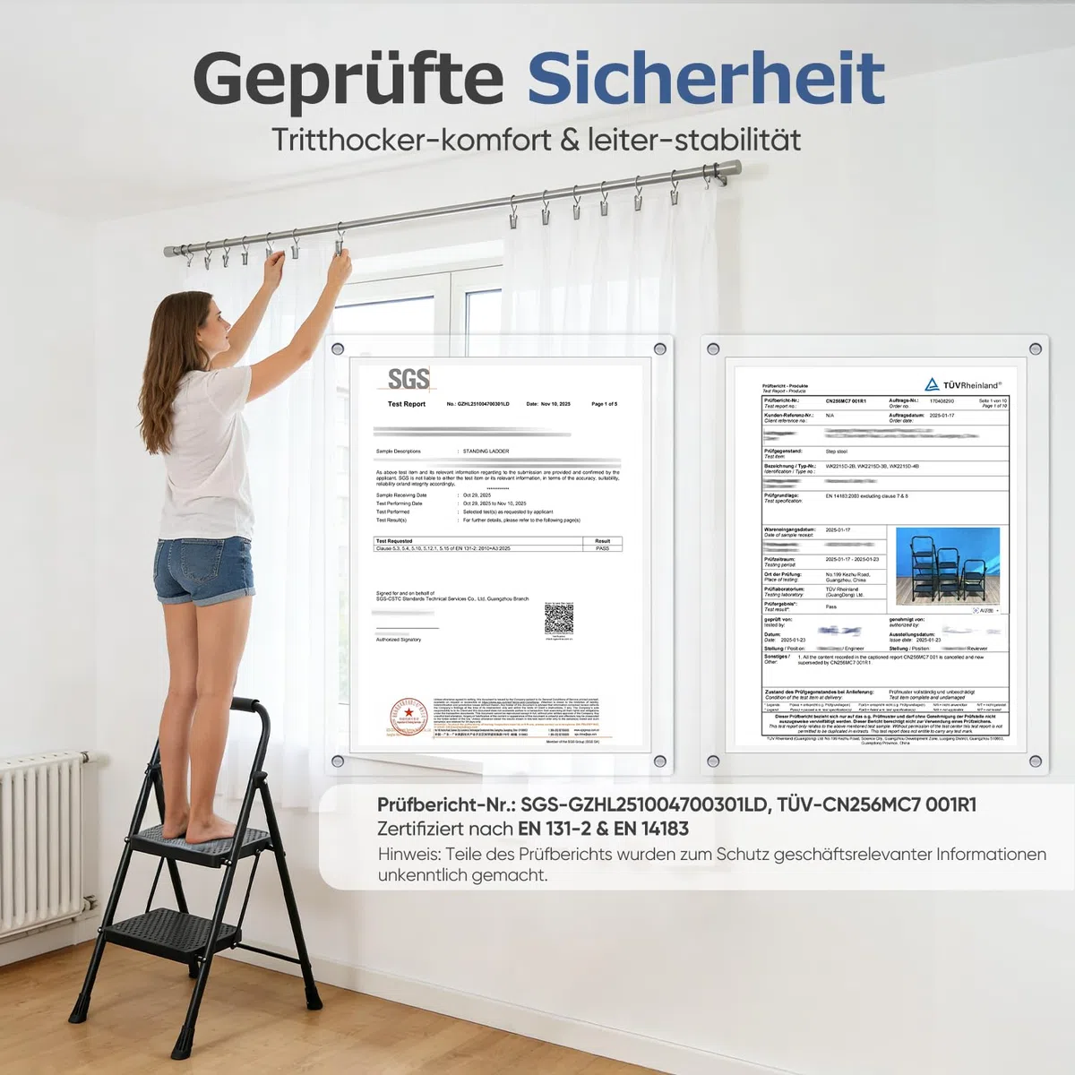 Sekey Leiter Klappbar 2 Stufen, Trittleiter mit Stahlrahmen, Rutschfester Kunststofftritt, Platzsparender Klapptritt für Haushalt & Küche, TÜV & SGS, EN 131-2&14183, 150 kg Tragkraft, Schwarz