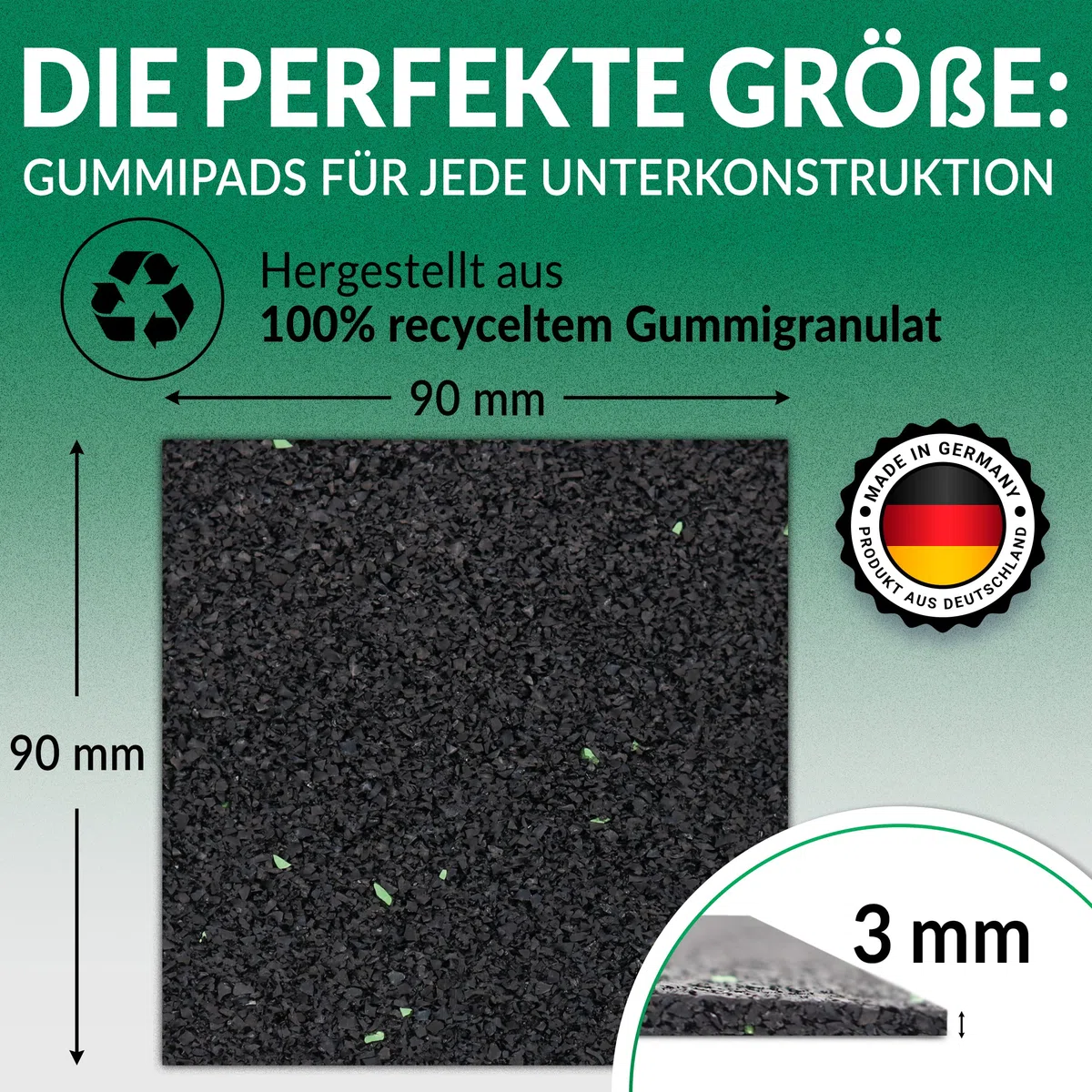 150 Stück 3 mm 90 x 90 mm Terrassenpad, Terrassenpads aus Gummi – Unterlagepads für die Unterkonstruktion ihrer Terrassen Balkon oder Gartenhütte