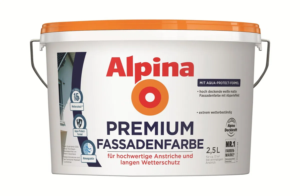 Alpina Premium Fassadenfarbe – weiß, matt – hochwertige Aussenfarbe mit langem Wetterschutz – ergiebig, wetterbeständig & atmungsaktiv – 2,5 Liter