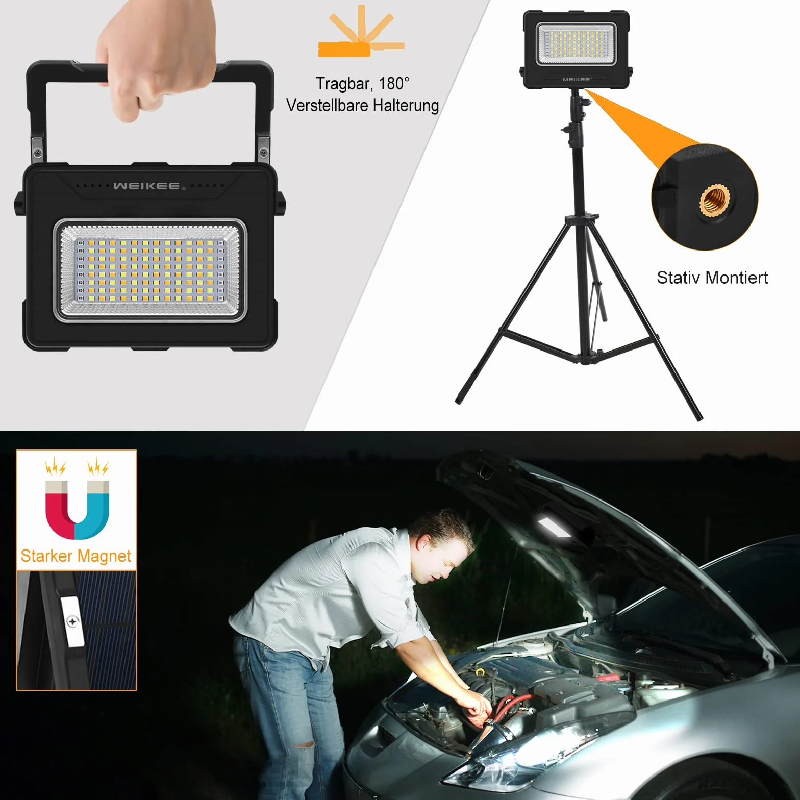 MEIKEE 80W LED Baustrahler 12000MAH Led Arbeitsleuchte Akku Strahler 4 Lichtmodi Campinglampe Tragbar 5 Helligkeiten Solar USB-Aufladung Akku Lampe für Camping, Garage, Bau, Reparatur, Notfall