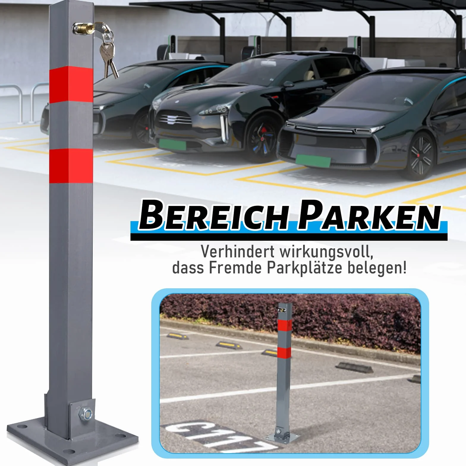 Ikodm 1 Stück Parkplatzsperre Klappbar Parkpfosten Absperrpfosten mit 3 Schlüssel mit Warnstreifen