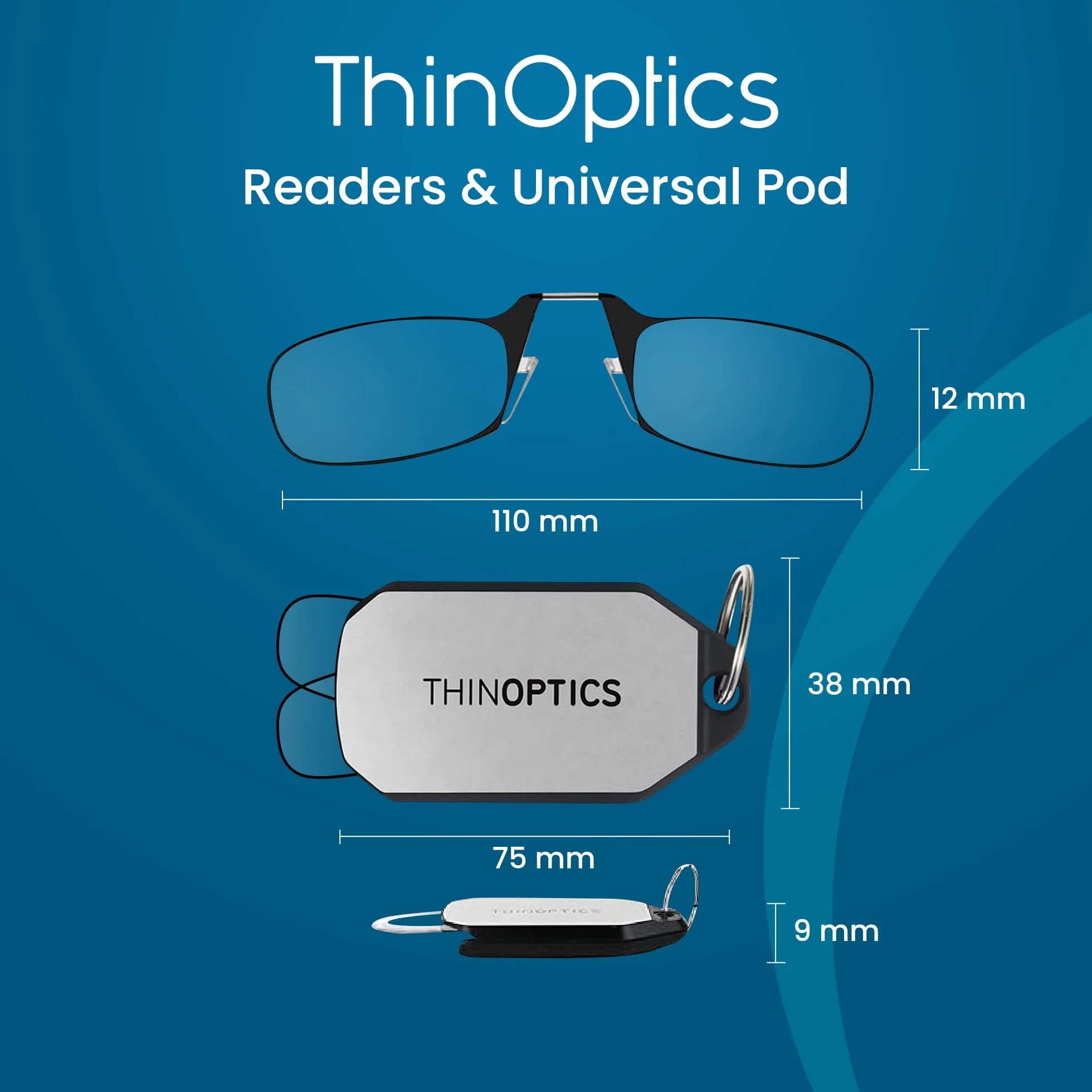 ThinOptics Lesebrille Schlüsselanhänger, ultraflach und bügellos, Flex-Fit Lesehilfe im Taschenformat, passt in Geldbörse, inkl Schlüsseletui +1,00 +1,50 +2,00 +2,50