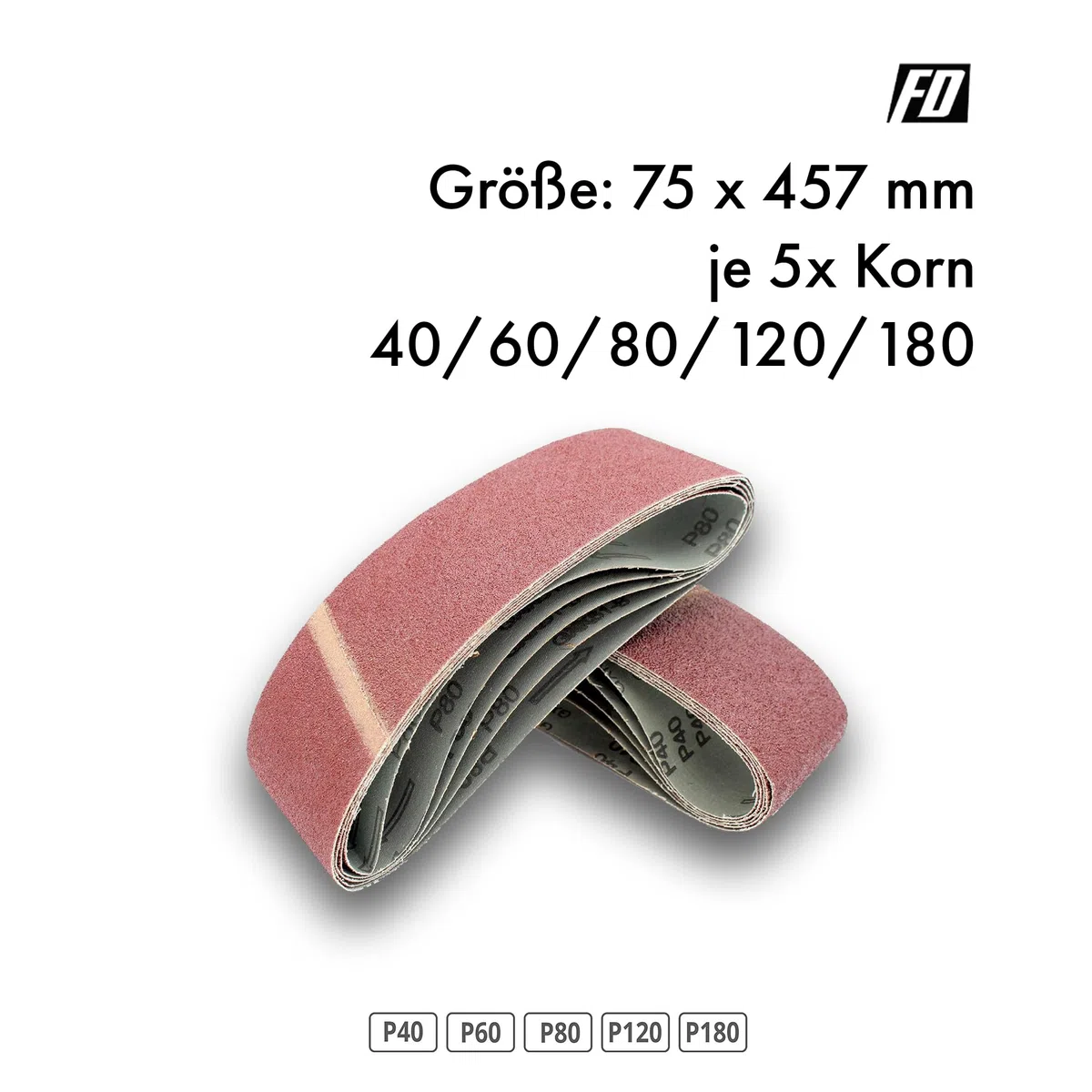 Gewebe-Schleifbänder │ 25 Stück │ 75 x 457 mm │ je 5 x Korn 40/60/80/120/180 │ für Bandschleifer │ Schleifpapier │ Schleifband-Set