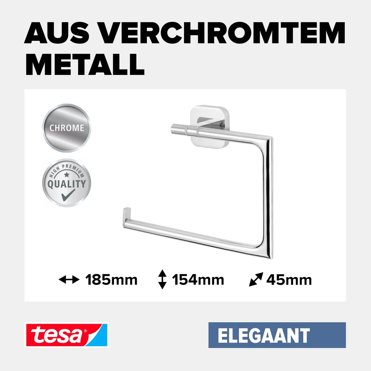 tesa ELEGAANT Handtuchring, verchromt - Handtuchhalter-Ring eckig - zur Wandbefestigung ohne Bohren, inkl. Klebelösung - 185mm x 154mm x 45mm