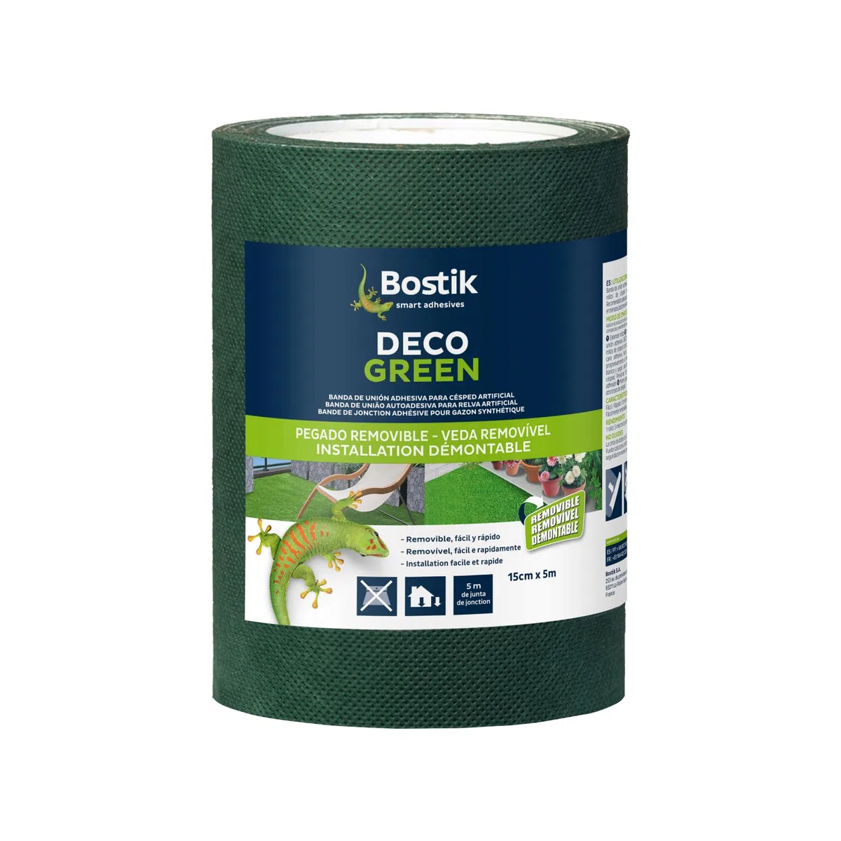 Bostik, Klebeband zur Installation von Kunstrasen, doppelseitig, innen und außen, abnehmbare und diskrete Installation, Deco Green, Grün, 15 m x 5 m Rolle