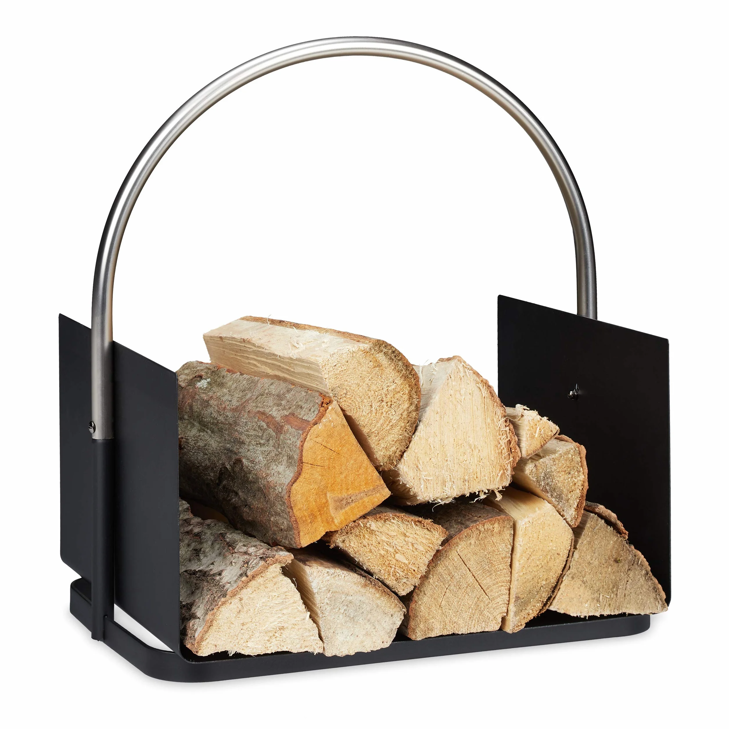 Relaxdays Kaminholzkorb, Metall, vernickelter Griff, Brennholzkorb innen, Holztrage, HxBxT 43,5 x 40,5 x 30 cm, schwarz