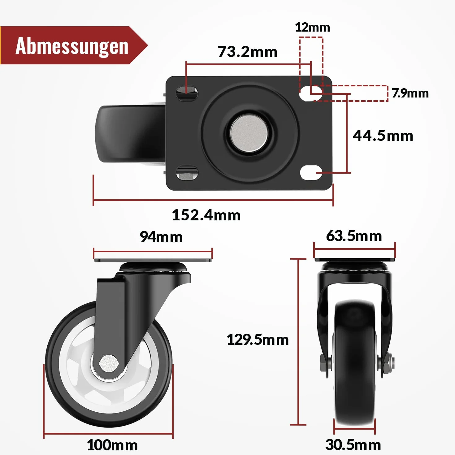 HOLKIE 100 mm Schwerlastrollen bis 600 kg - 4er Set Möbelrollen Schwerlast mit Bremsen - Transportrollen - Rollen für Möbel - Lenkrollen für innen und außen