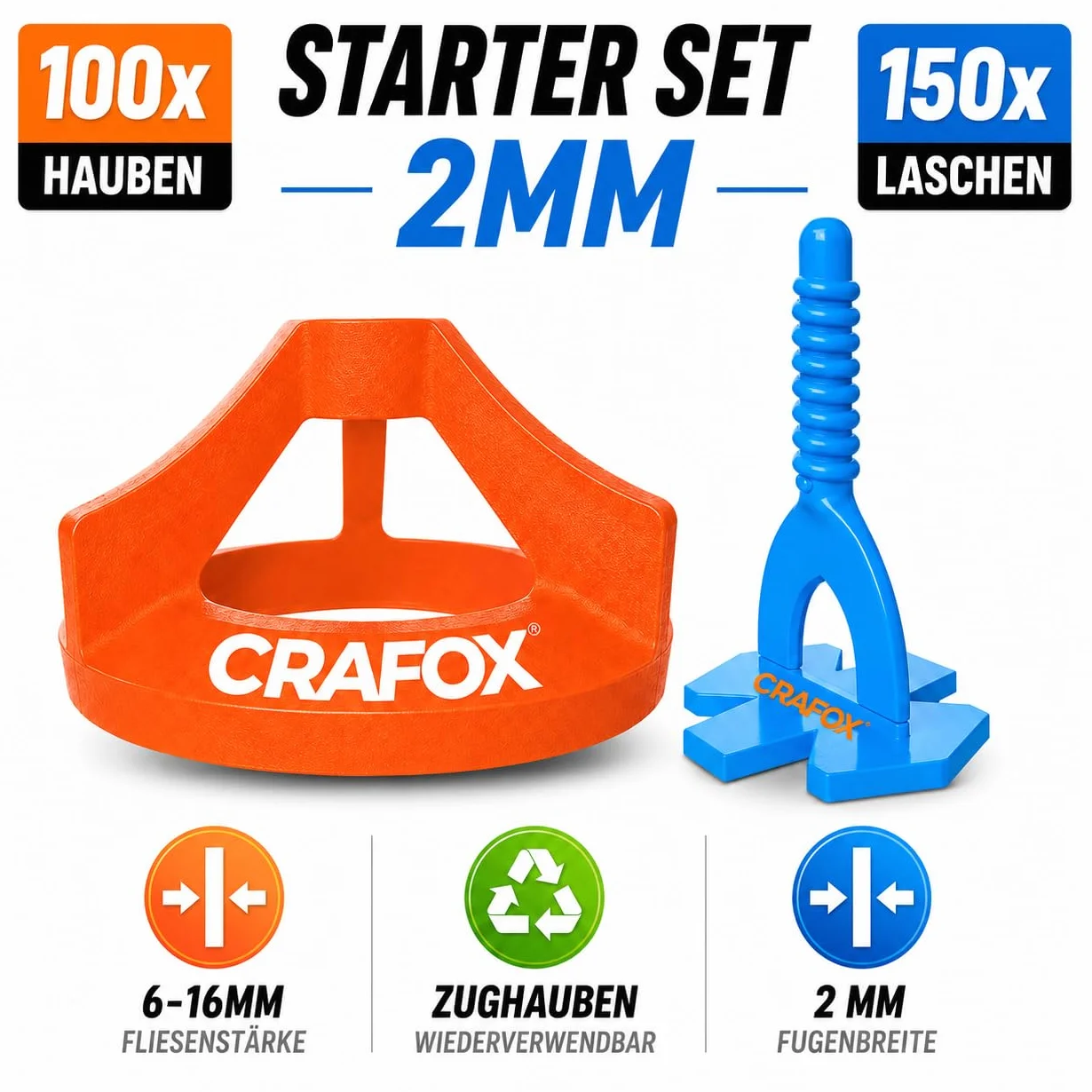 CRAFOX Fliesen Nivelliersystem 2mm – 150 Laschen & 100 Hauben – Perfekte Fugen ohne Versatz – Profi Fliesen Abstandshalter – Verlegehilfe Plan für Profi & Heimwerker - STARTER Set