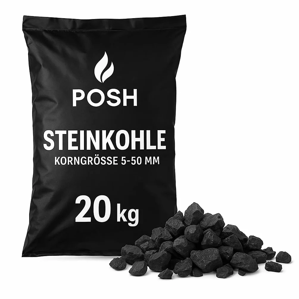 POSH Steinkohle 20 kg - Hochwertige Grillkohle & Kaminkohle mit hoher Heizleistung - Ideal für Grill, Räucherofen, Kaminofen & Kamin - Körnung 5-50 mm - Lange Brenndauer & Saubere Glut