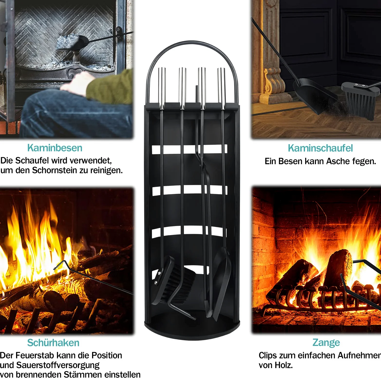 Aufun Kaminbesteck Edelstahl 5-teilig Modern Kamin Zubehör Set Kamingarnitur inkl. Besen, Schaufel, Schürhaken, Zange und Ständer mit Sichtschutz, Schwarz
