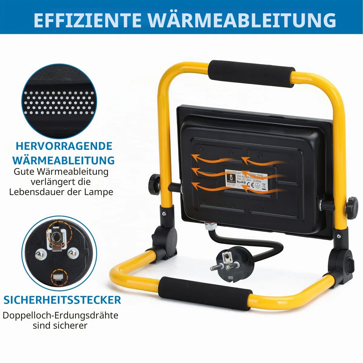 Aigostar LED Baustrahler 50W，LED Arbeitsleuchte mit Stecker，Wasserdichtes Arbeitsscheinwerfer Bauscheinwerfer，für Werkstatt oder Baustelle，Garage， 6500K Tageslichtweiß