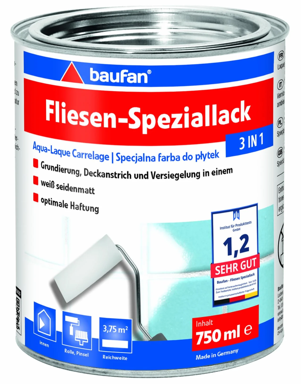 Baufan Fliesen-Speziallack 3 in 1 weiß seidenmatt - Fliesenlack Badezimmer, Küche und Innen-Wohnräume, Fliesenfarbe für Deckanstrich, Grundierung & Versiegelung